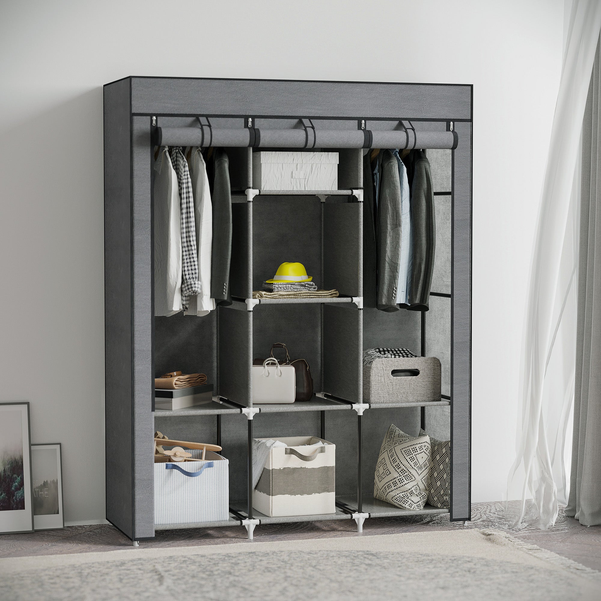 Fabric Wardrobe with Two Rails and Eight Shelves - Dark Grey