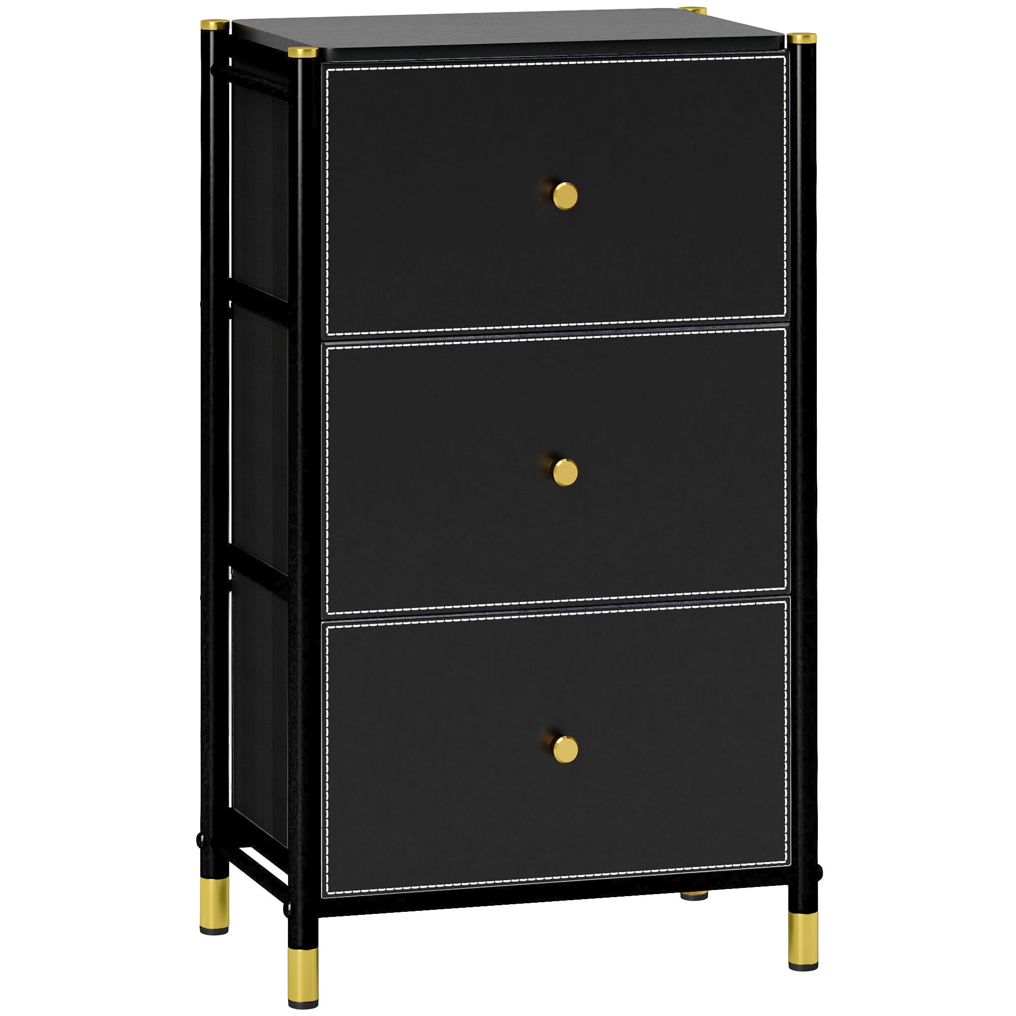 Faux Leather Chest of Three Drawers with Gold Accents - Black