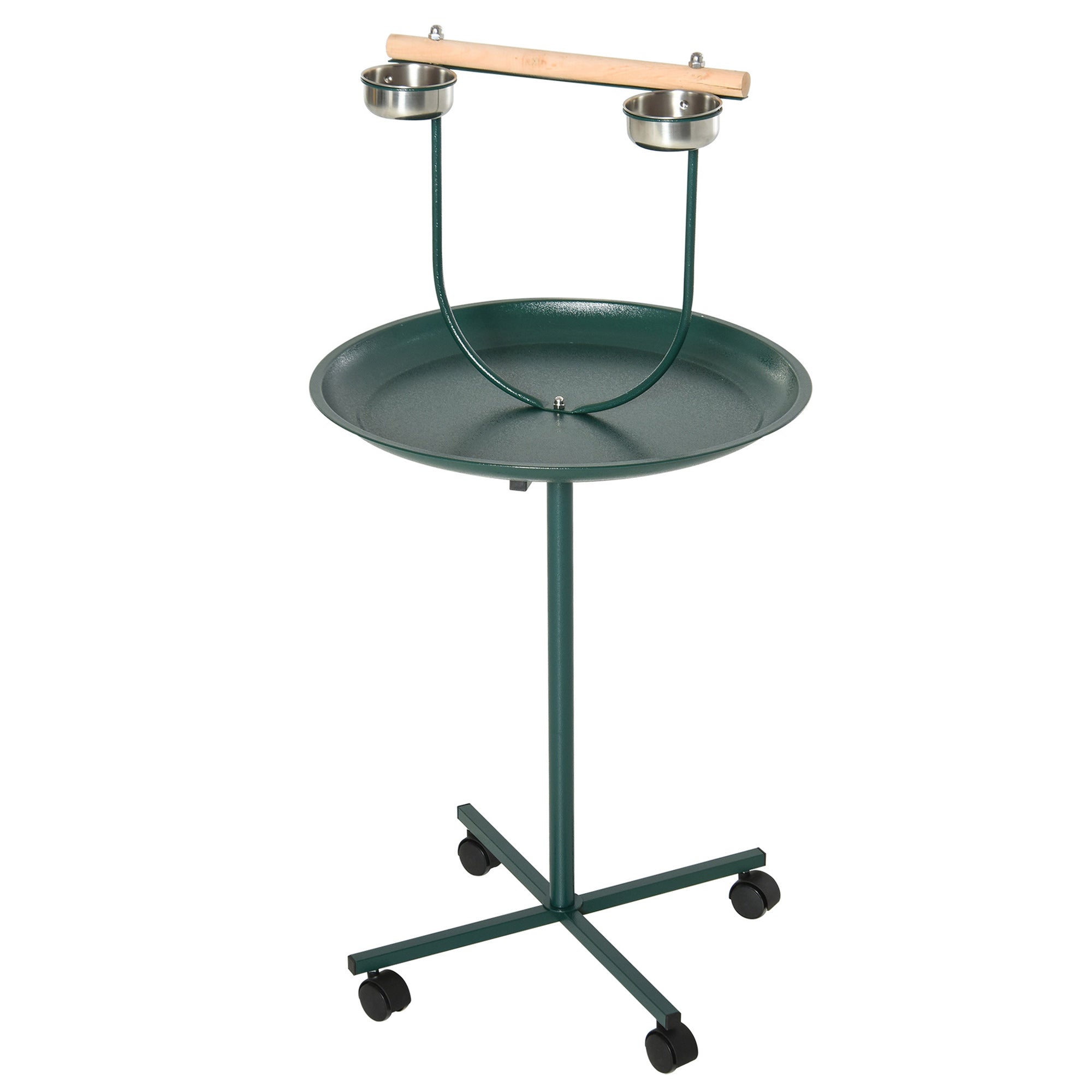 Bird Perch Stand with Wooden Perch, Feeding Bowls & Wheels for Small & Medium Birds - Green