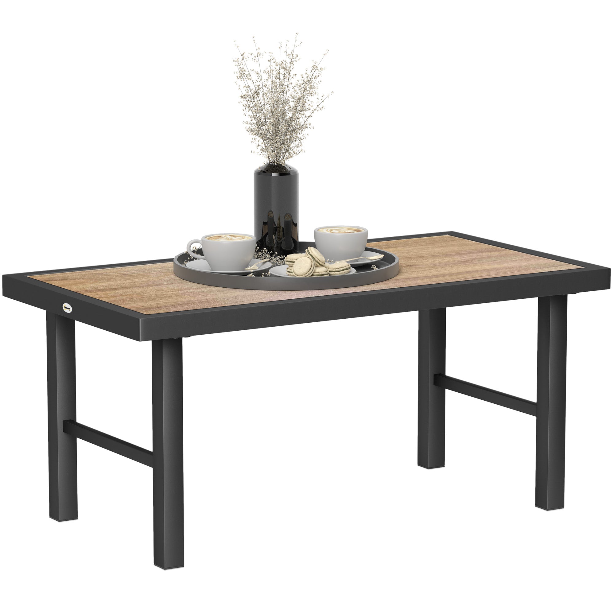 Metal Garden Coffee Table 100x53cm with SPC Woodgrain Tabletop - Brown Wood Effect