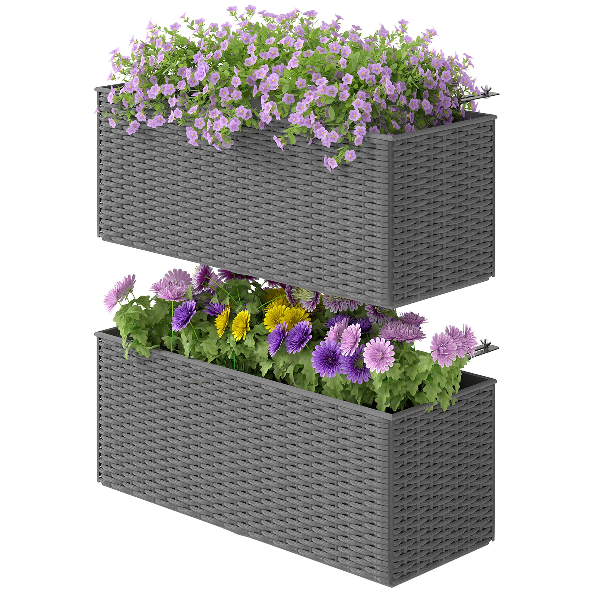 Set of Two Rattan Effect Raised Garden Planters with Hooks - Grey