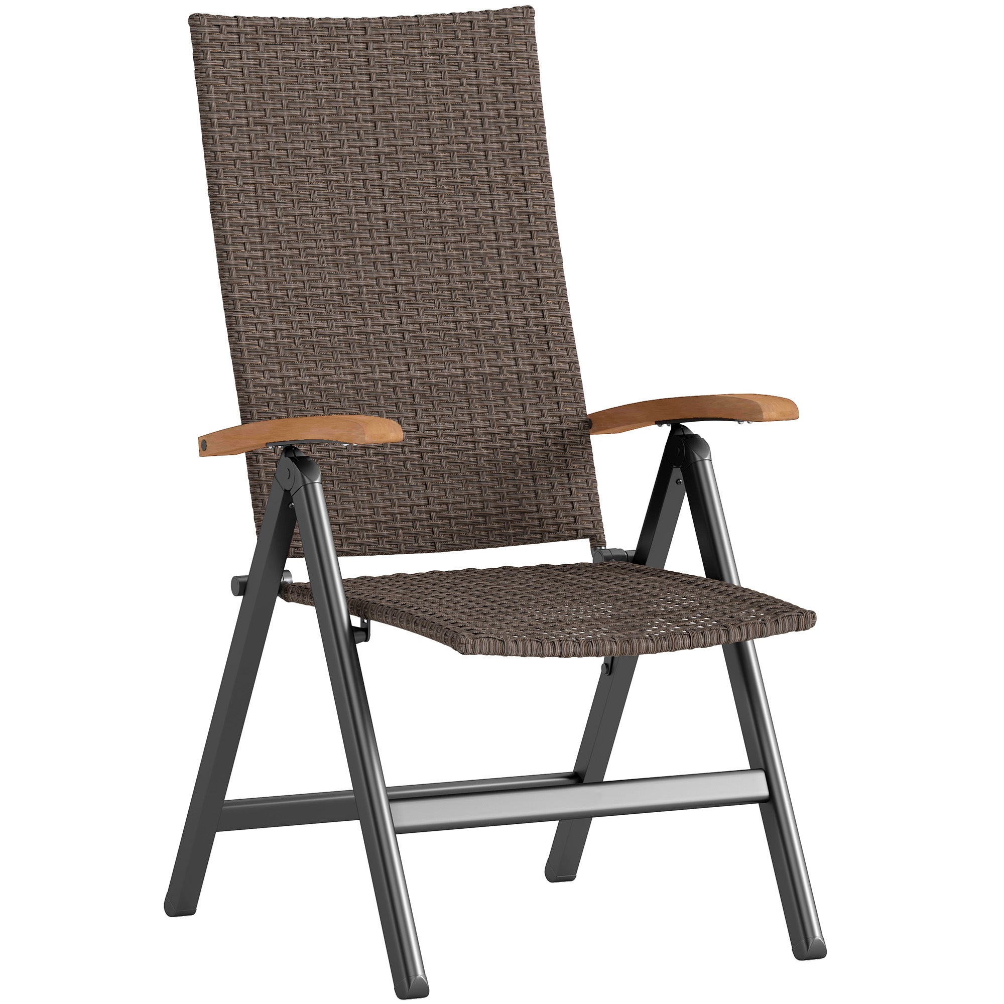 Outdoor Folding Rattan Chair with Armrests, High Backrest, for Garden, Camping, Balcony, Porch - Brown