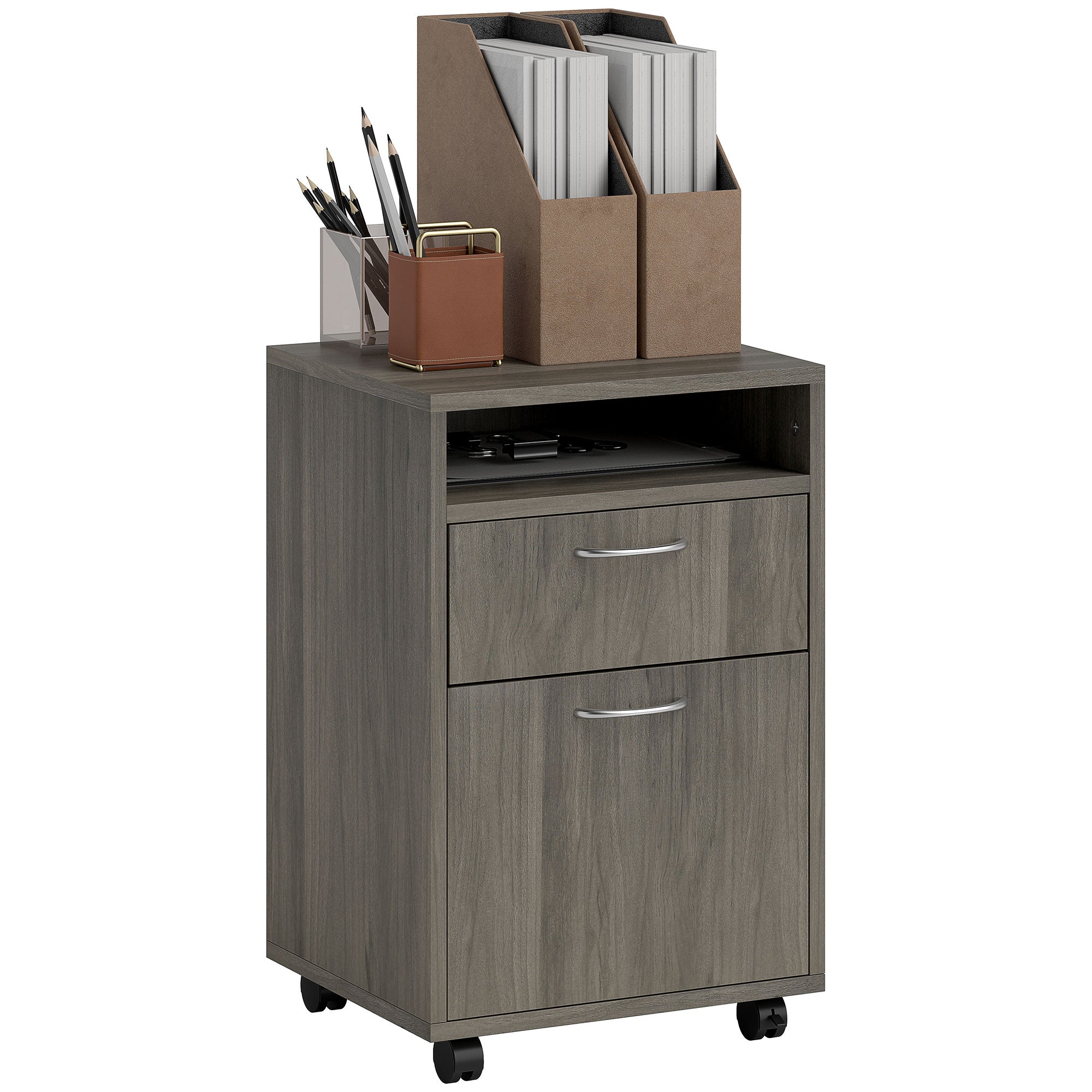 60cm Filing Cabinet with Drawer, Open Shelf, Metal Handles and 4 Wheels, Office Home Organiser Mobile Printer, Grey