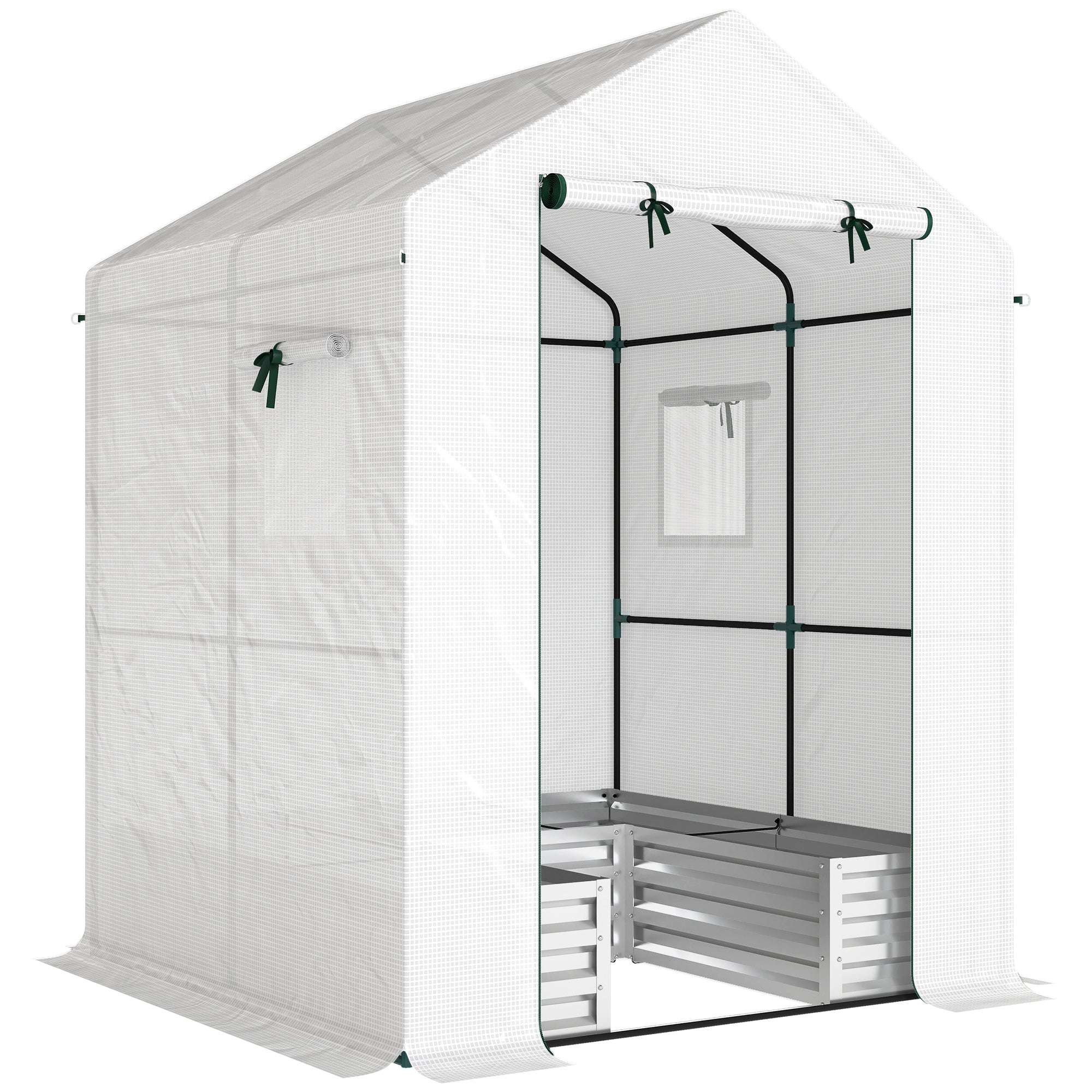 Small Greenhouse with Raised Garden Bed, Galvanised Walk-in Greenhouse with Roll Up Windows, 141 x 141 x 190 cm, White