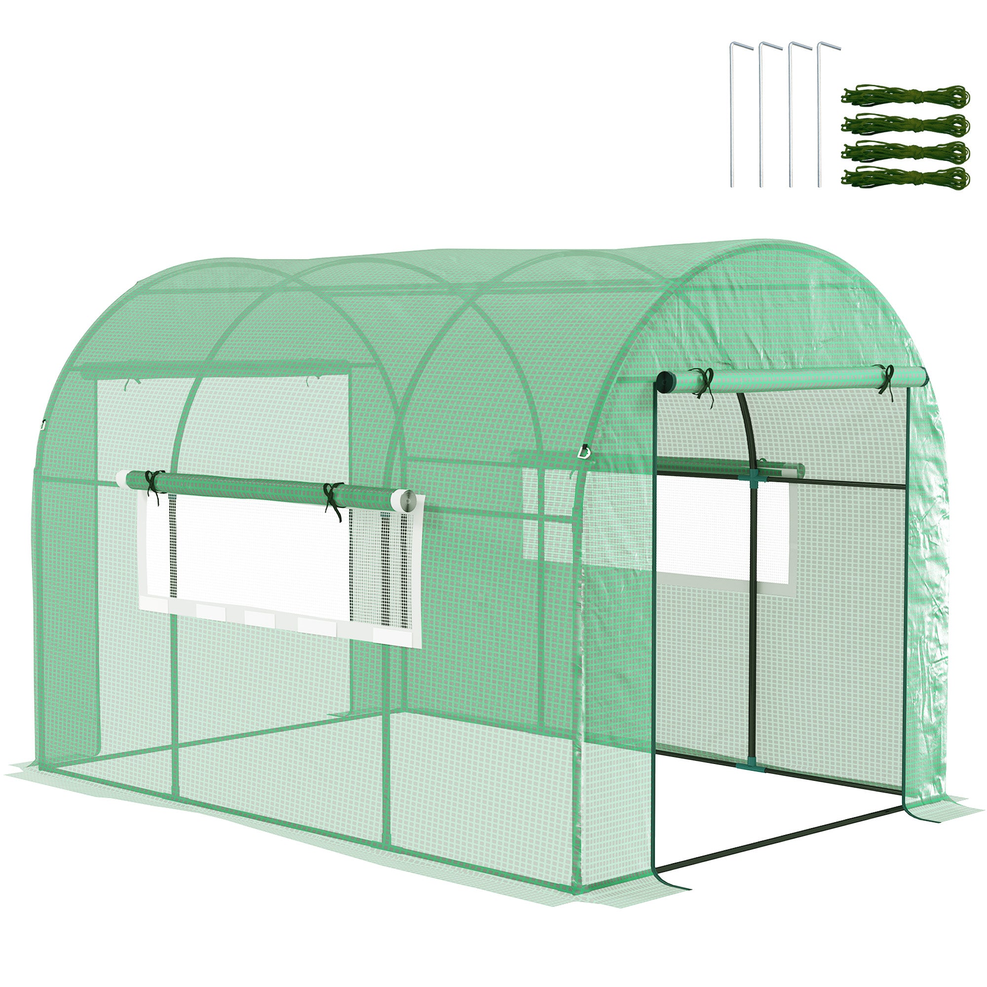 300 x 200cm Walk-In Polytunnel Greenhouse with Zipped Doors - Green