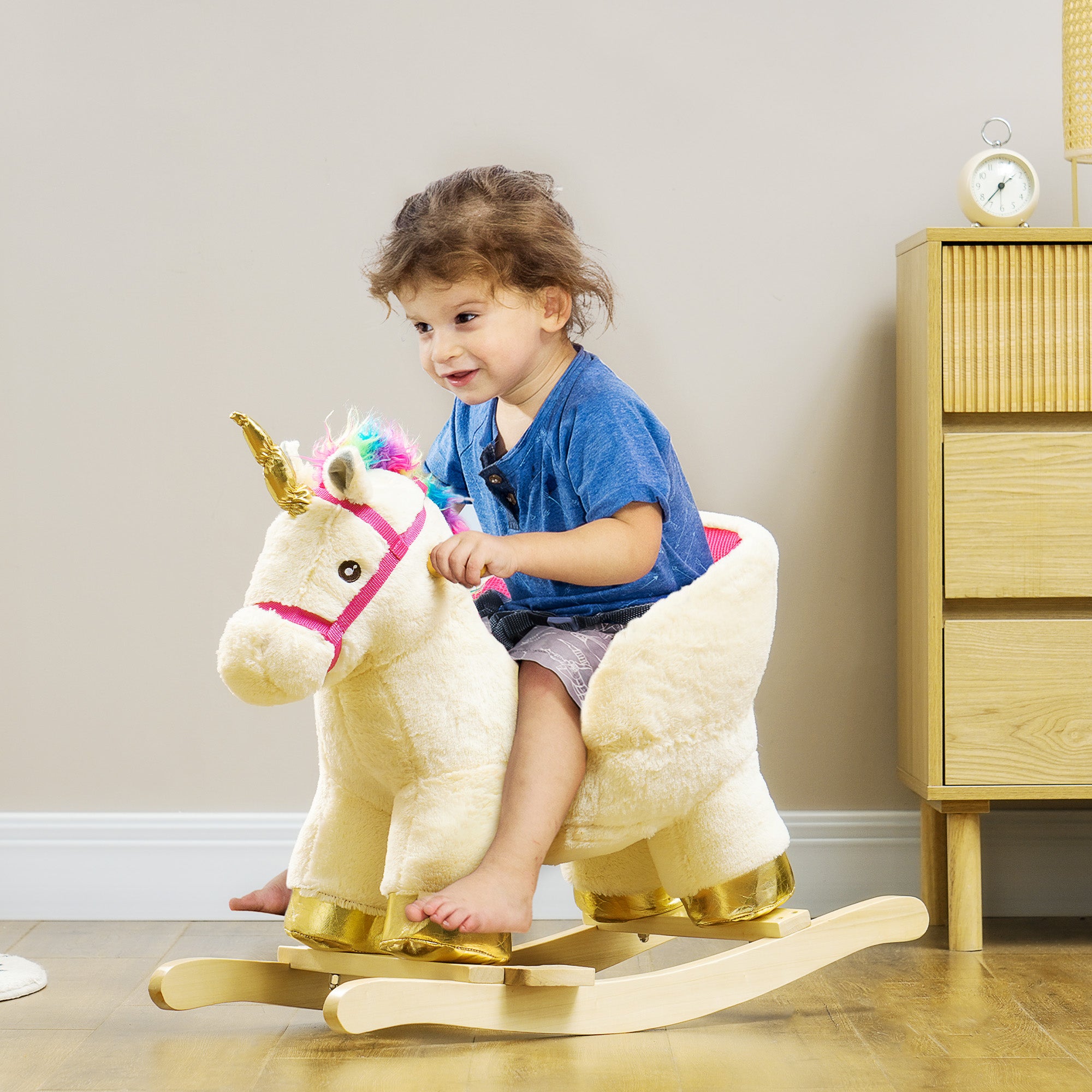 Kids Rocking Horse with Realistic Sound, Safety Belt, Wooden Base, for Toddlers 18-36 Months