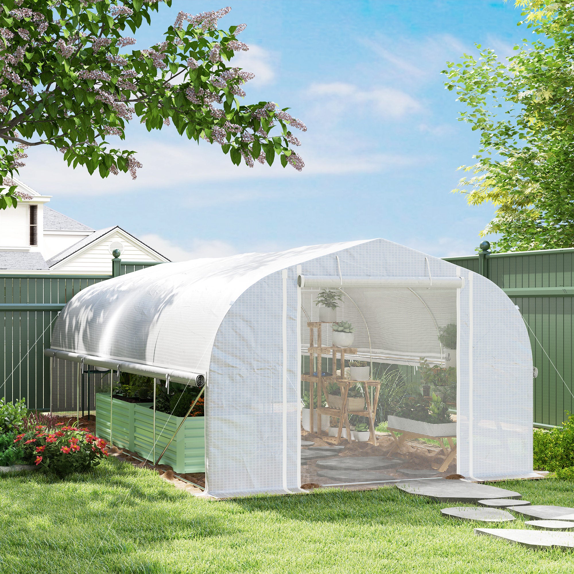 6 x 3m Walk-In Polytunnel Greenhouse Set with PE Cover and Mesh Door - White