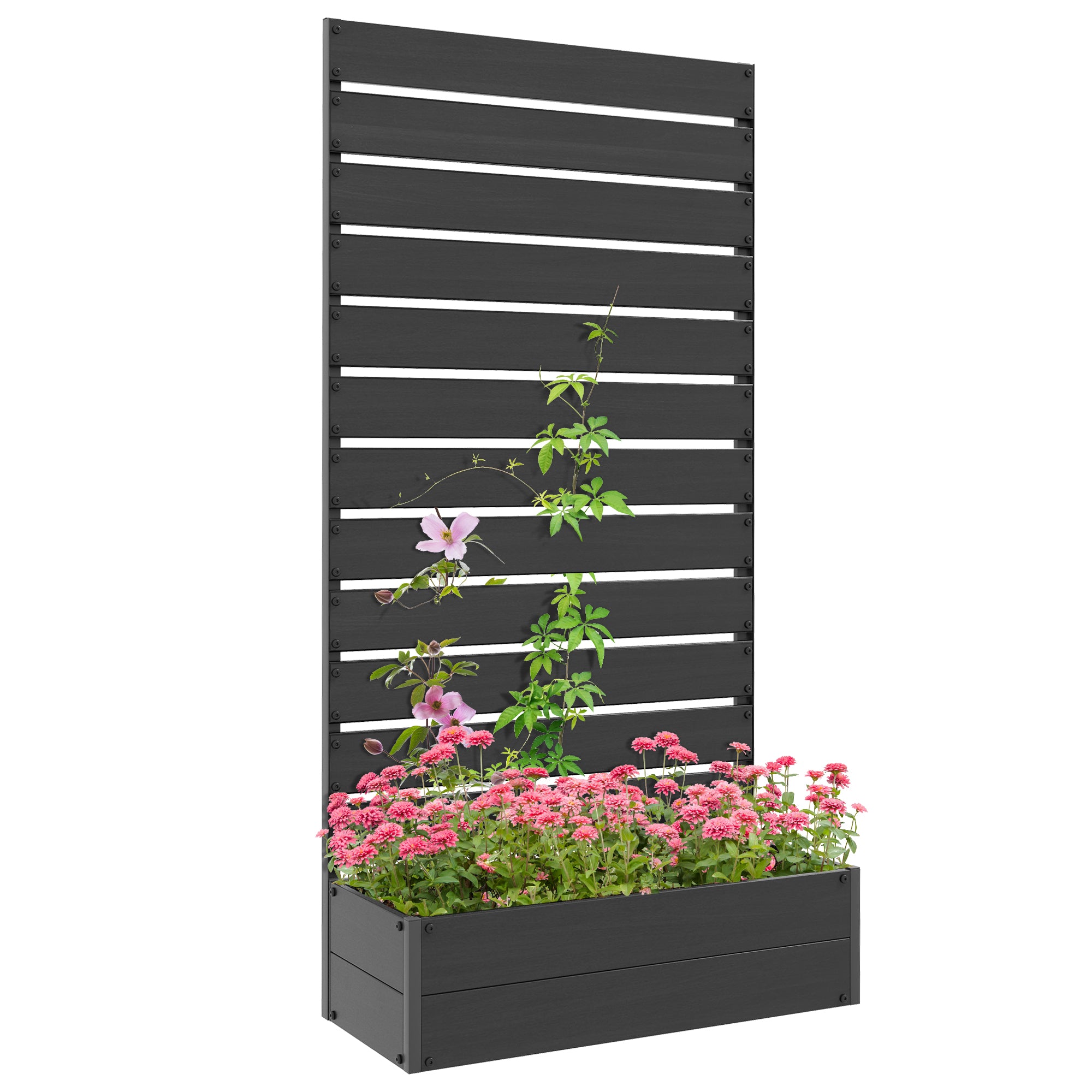Raised Garden Bed with Trellis and Drainage Gap - Black