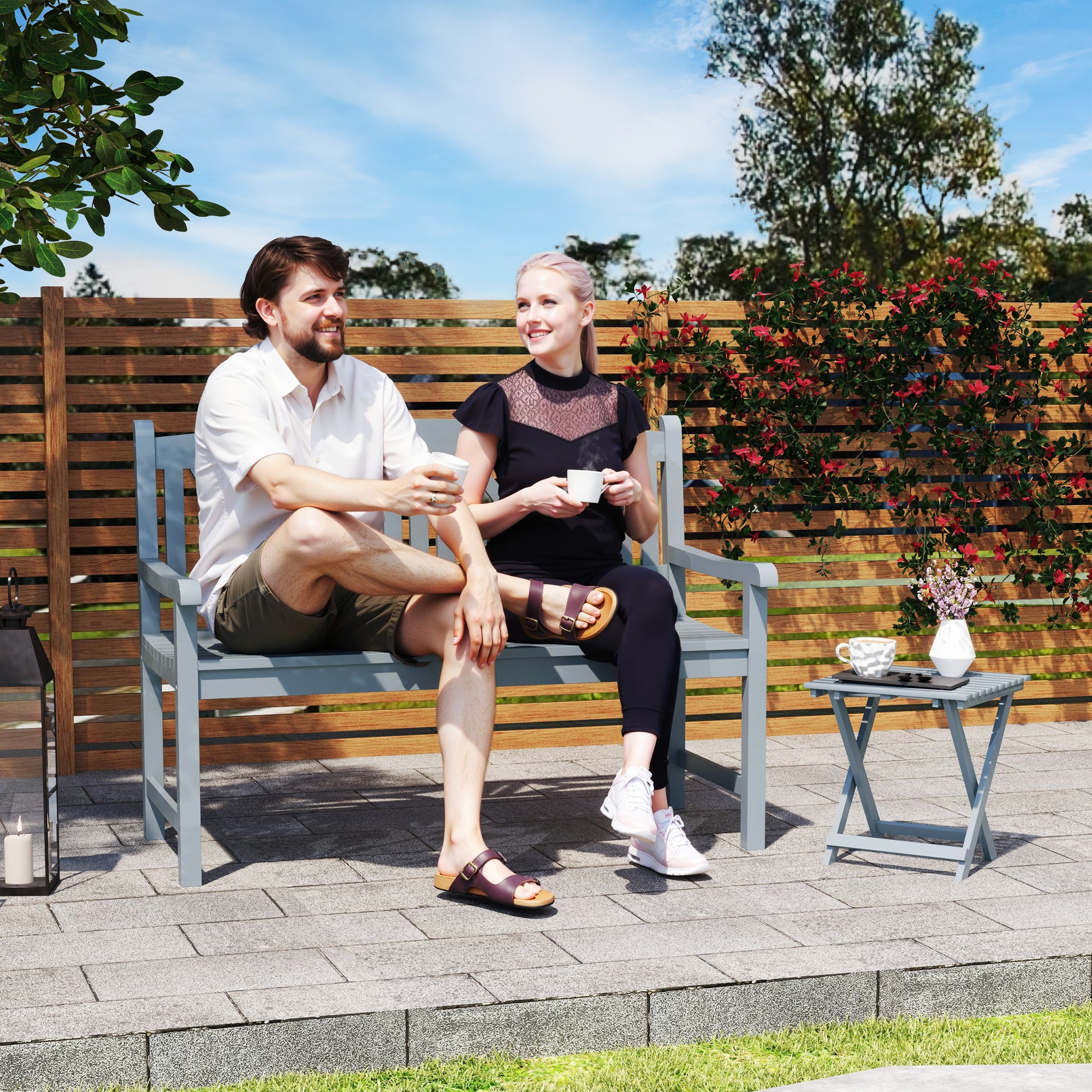 2 Seater Wooden Garden Bench with Armrests - Grey