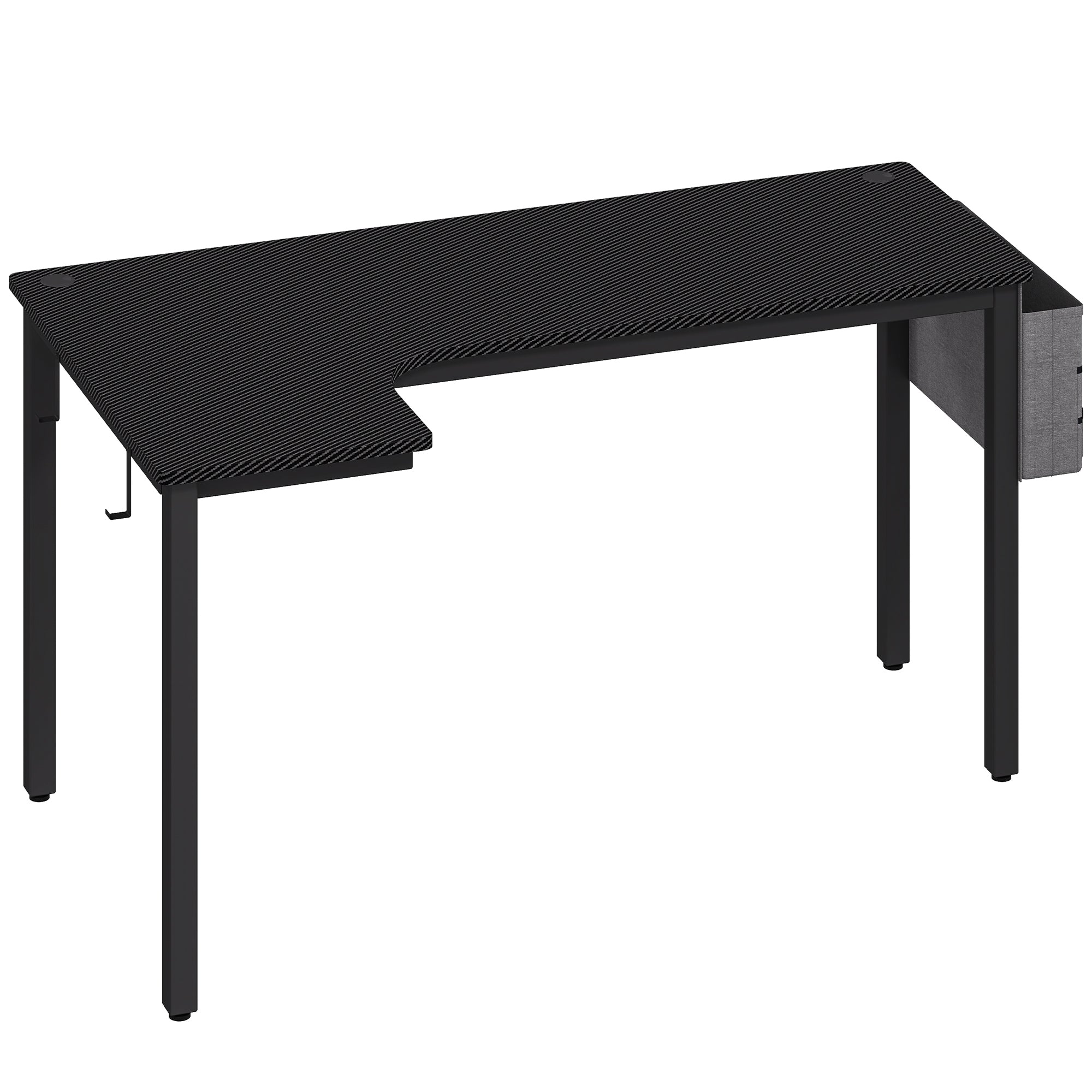 L-Shaped Computer Gaming Desk with Fabric Bag, Hooks and Cable Management, 145 x 81 x 76cm - Black