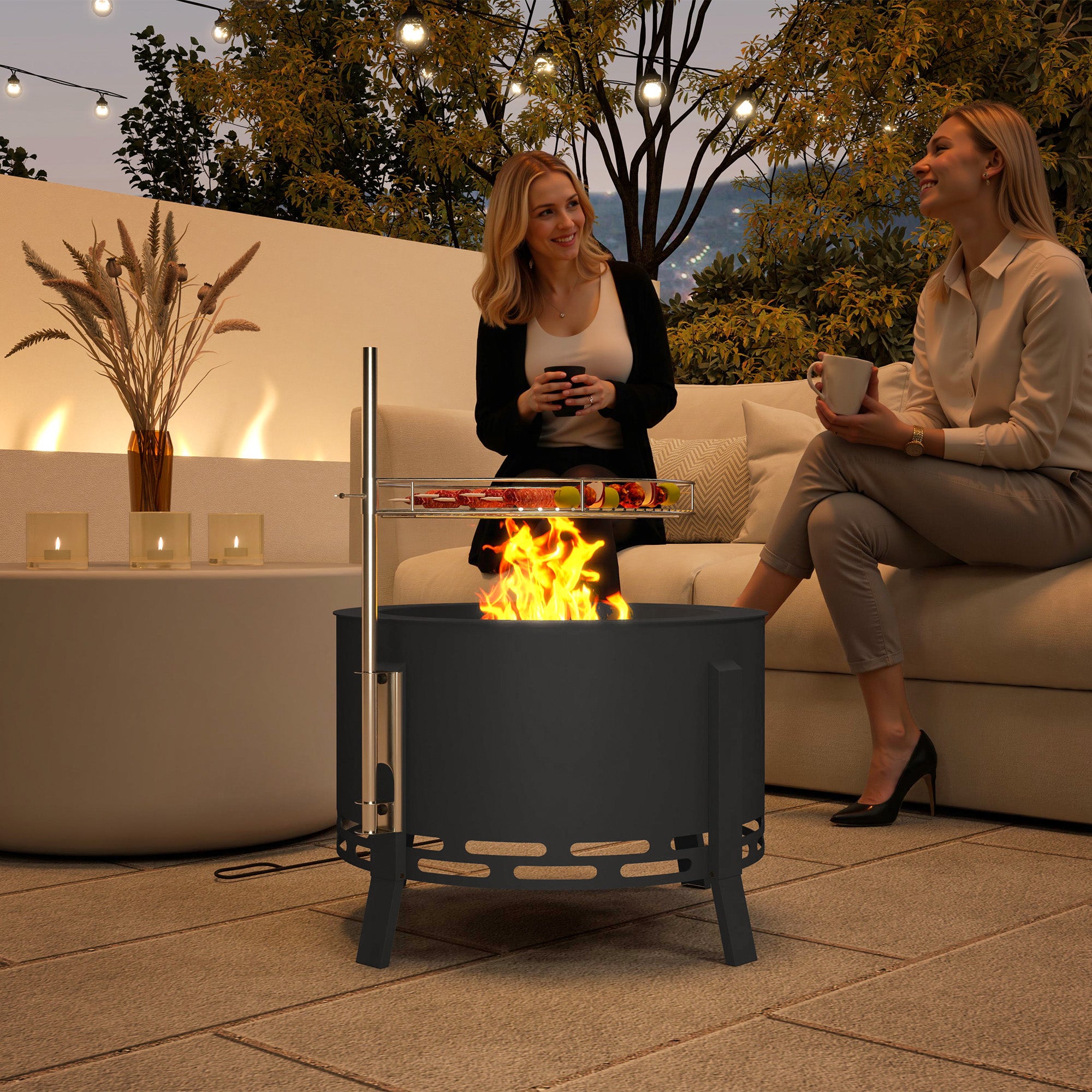 Portable Fire Pit, 58 cm Round Firepit with Grill Grate, Fire Bowl with Ash Catcher and Poker, Fire Pit BBQ for Garden Camping Bonfire Picnic, Black