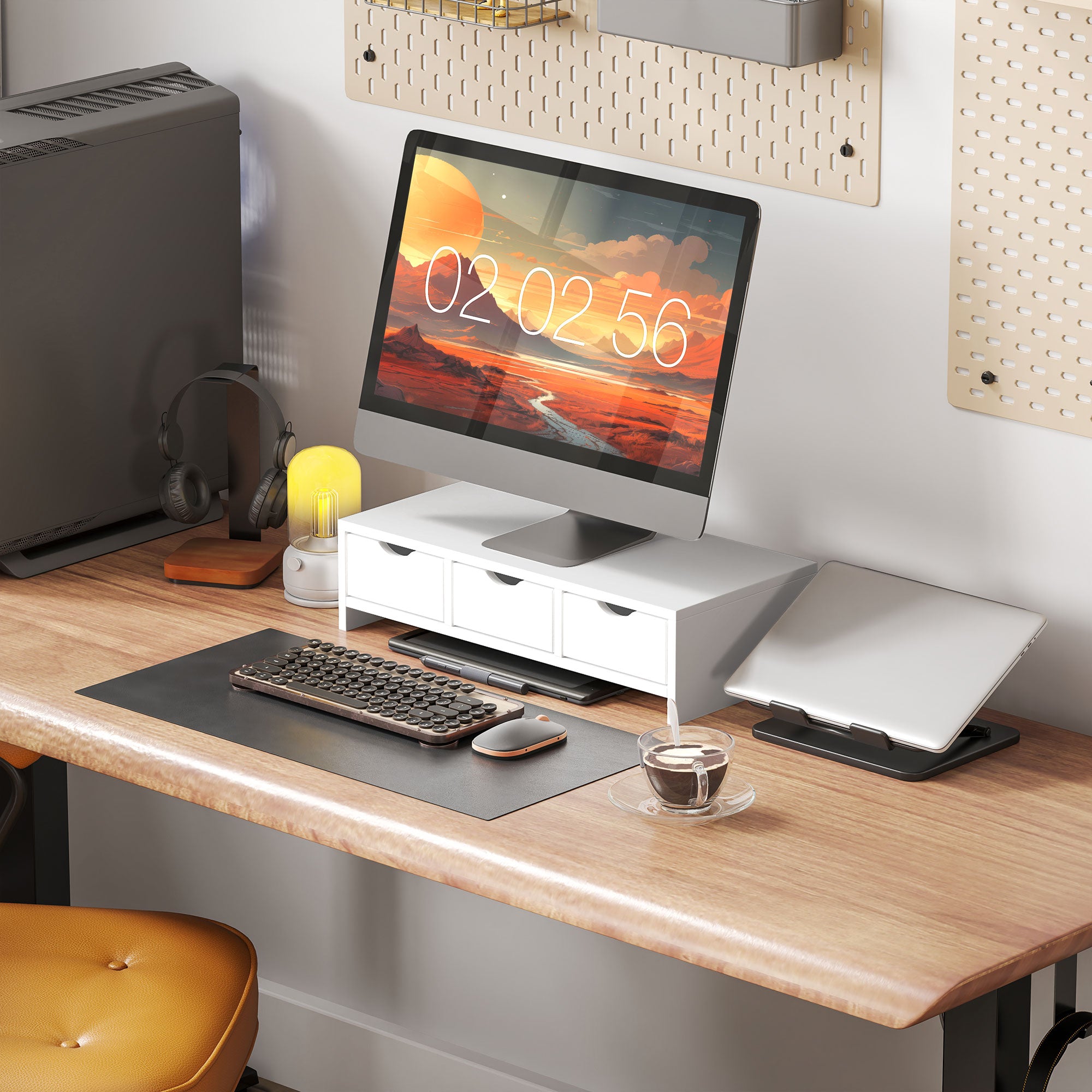 Monitor Stand Riser with 3 Drawers for Laptop, PC, Small Printer 51x24x13cm - White