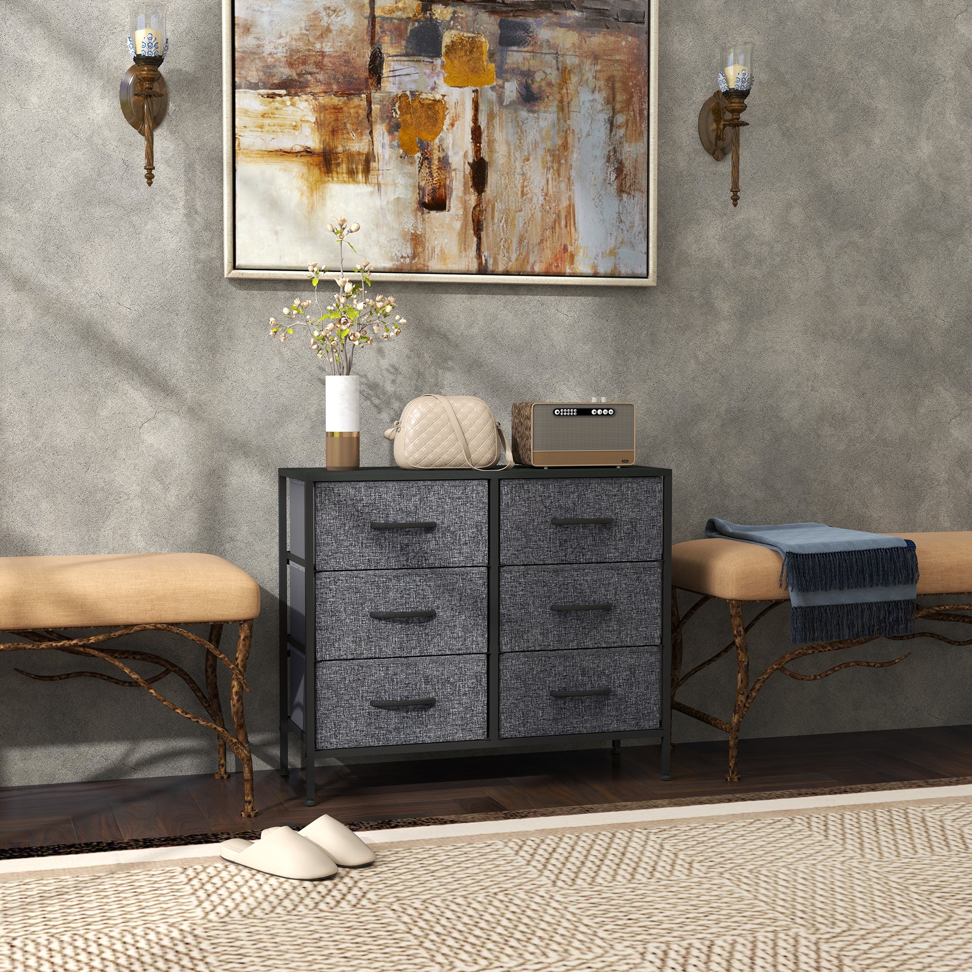 Industrial Fabric Chest of Drawers with 6 Storage Drawers, Steel Frame & Wooden Top - Black