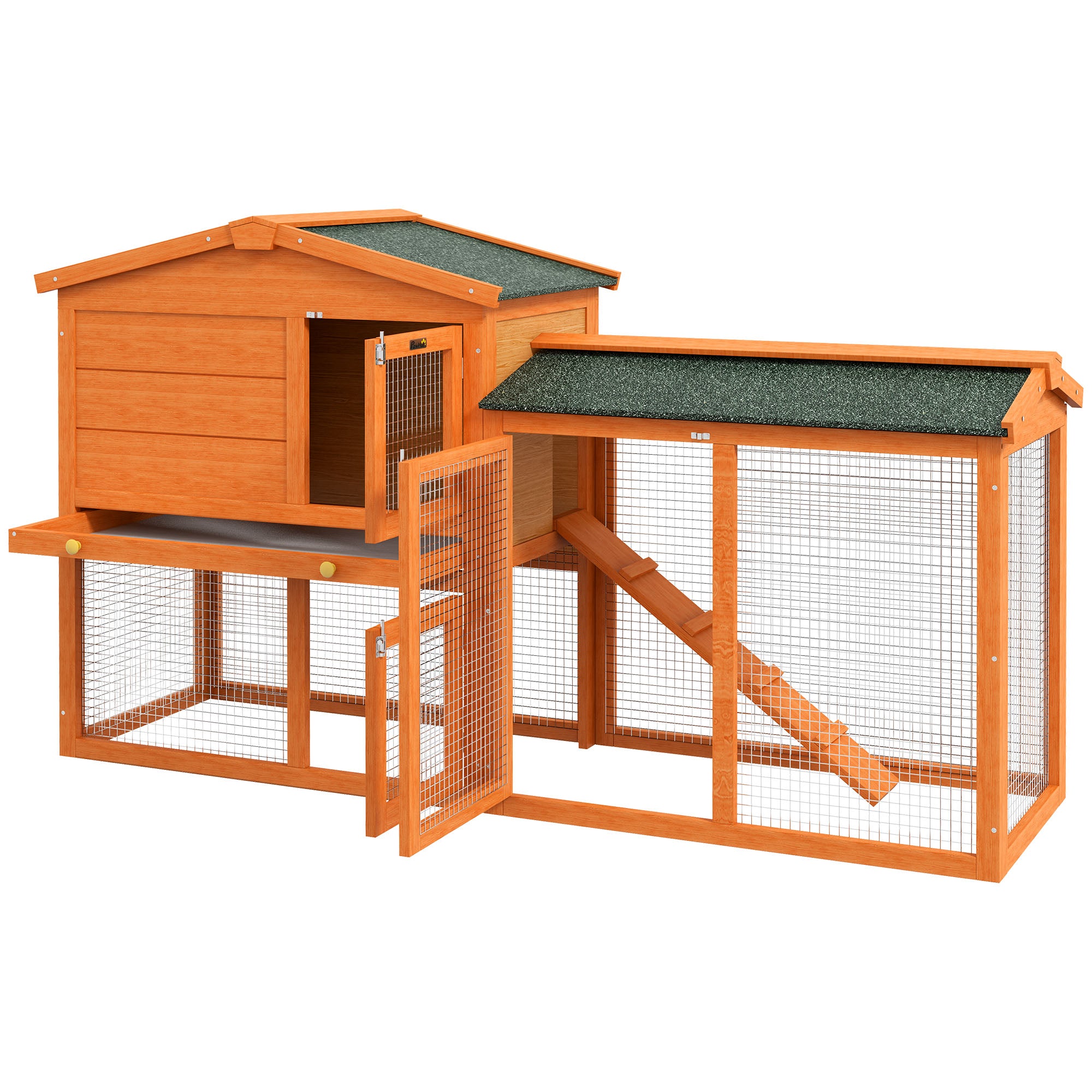 Two-Tier Rabbit Hutch with Run, Ramp, Slide-Out Tray, for Garden - Orange