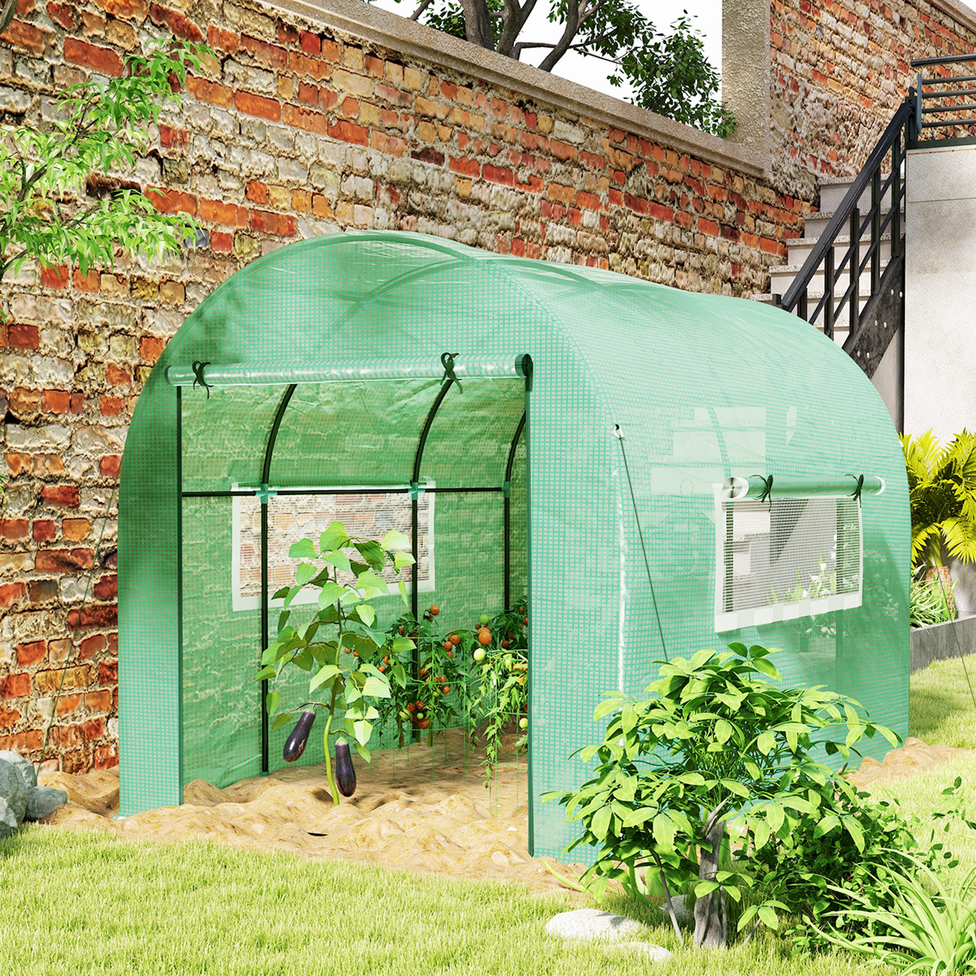 300 x 200cm Walk-In Polytunnel Greenhouse with Zipped Doors - Green