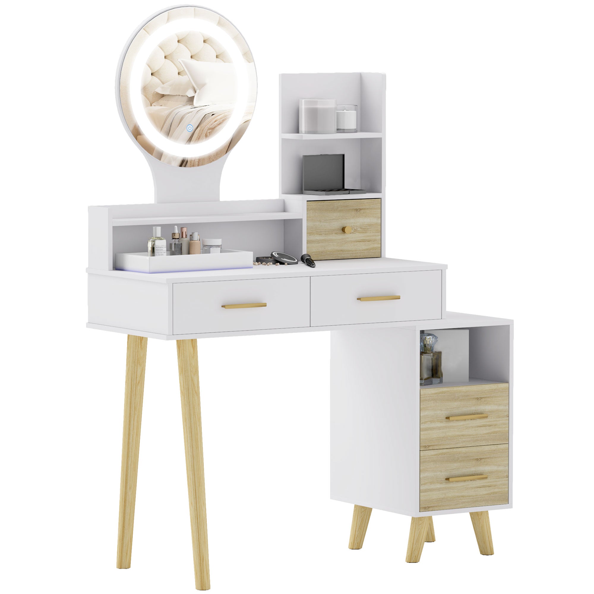 Elegant White Dressing Table with LED Mirror and Storage Drawers - White