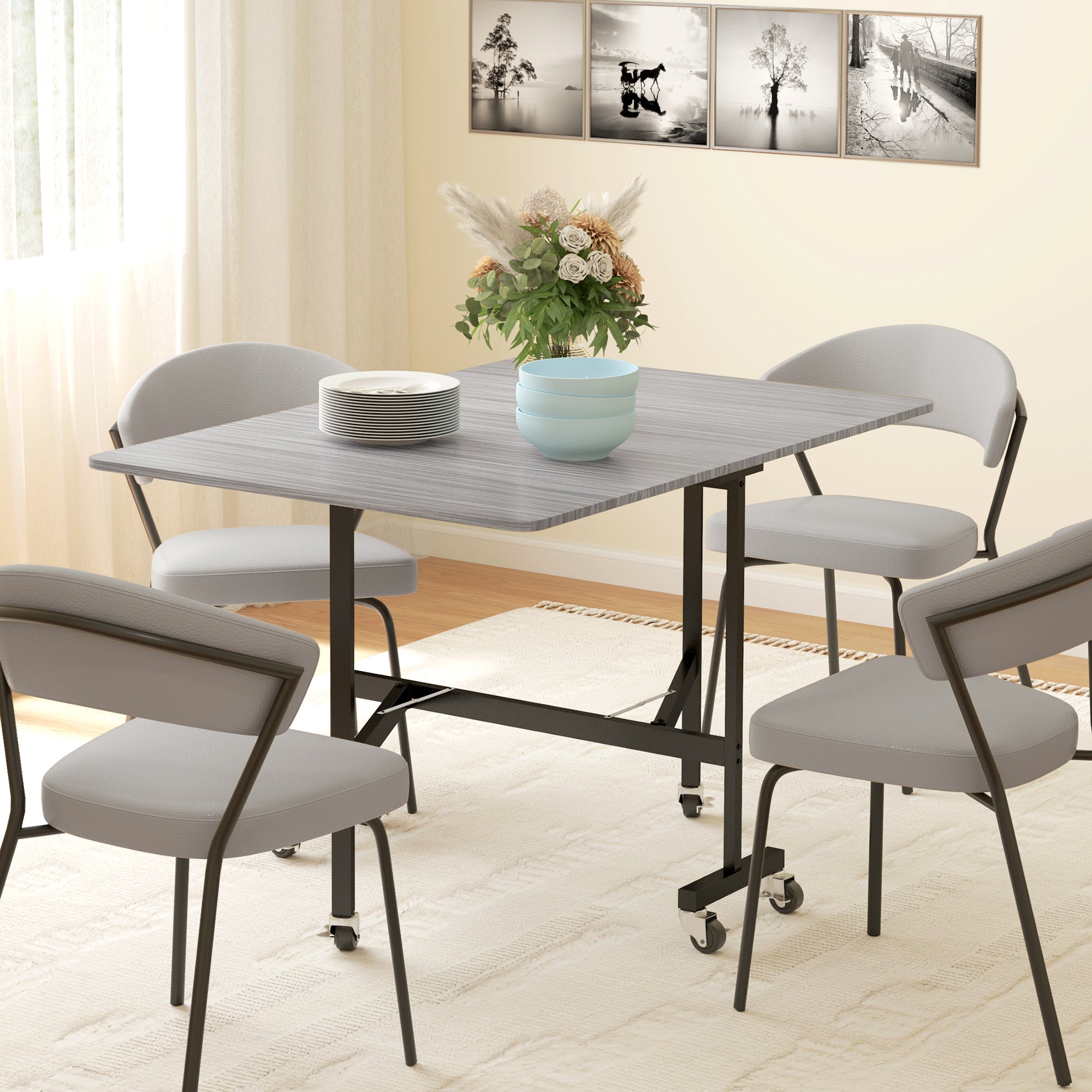 Six-Seater Drop-Leaf Dining Table, with Wheels - Grey Wood-Effect