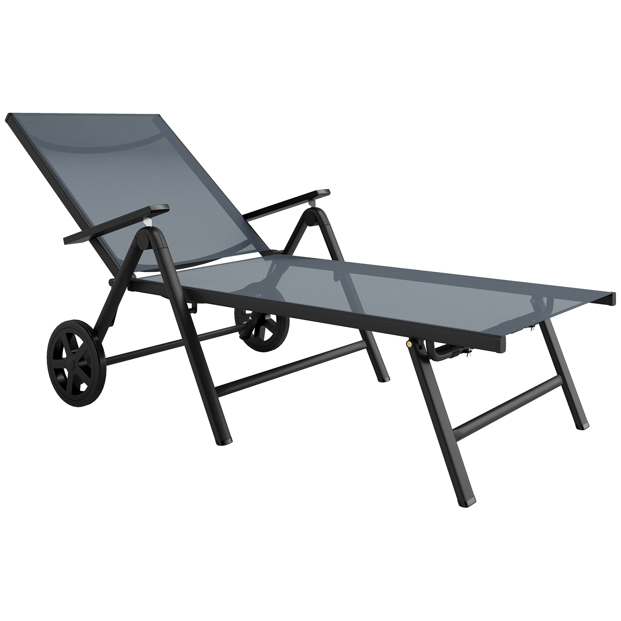 Folding Sun Lounger with Adjustable Backrest and Wheels - Grey