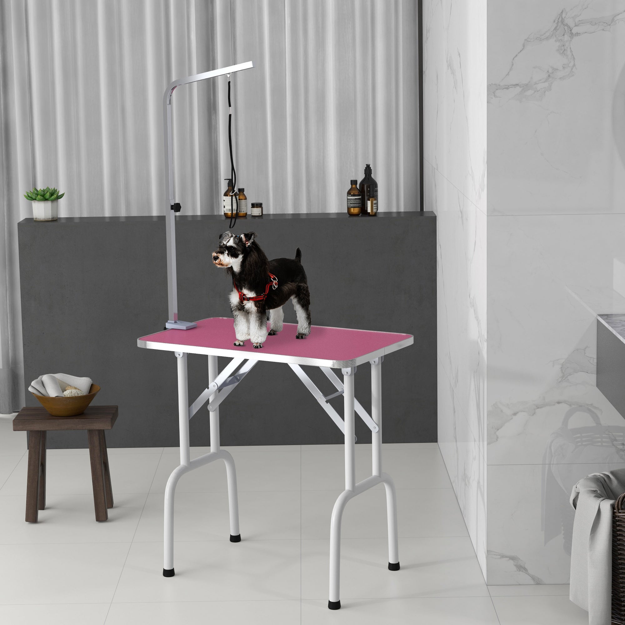 32" Foldable Adjustable Dog Grooming Table with Rubber Top and Fixed Arm - Pink