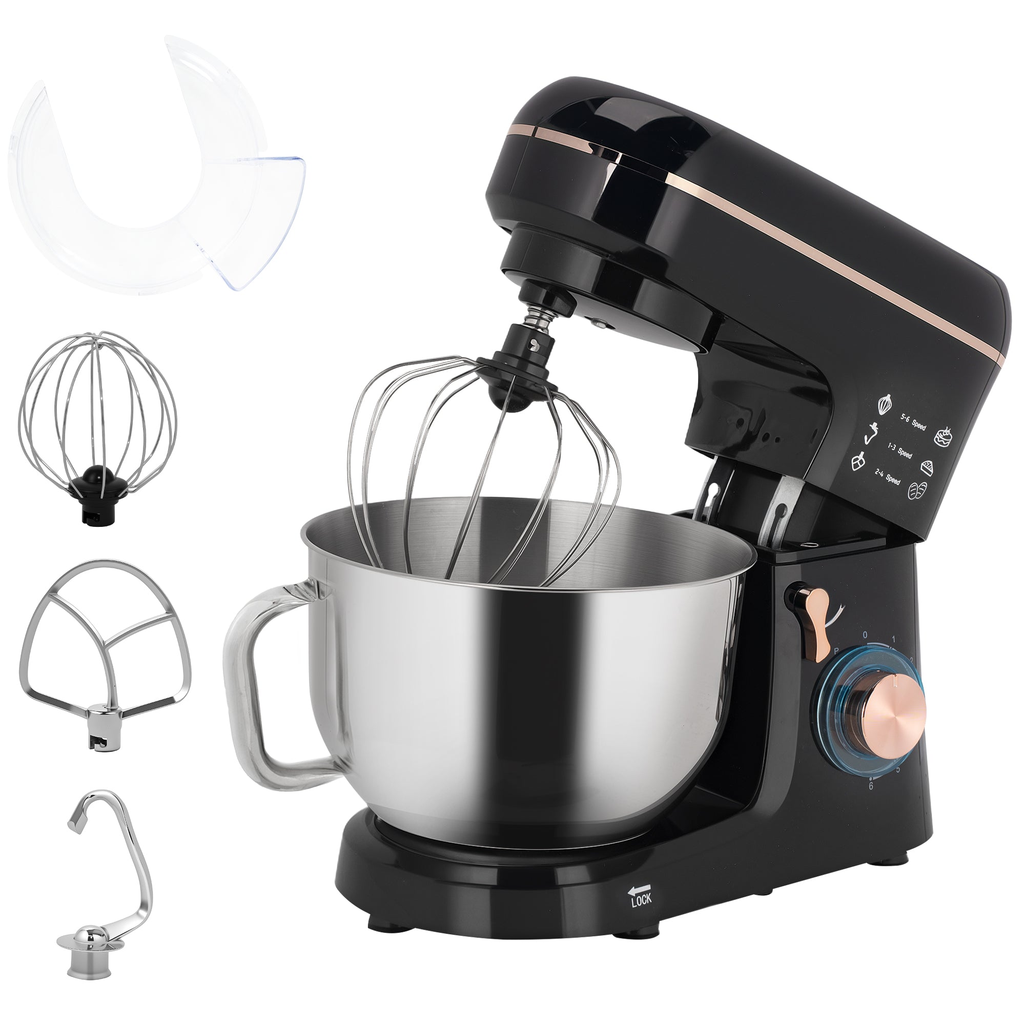 Stand Mixer, 5L Food Mixer for Baking, 6 Speeds and Pulse Setting, 1400W Cake Electric Kitchen Mixer with Dough Hook, Whisk, Stainless Steel Bowl, Splash Guard, Beater, Black