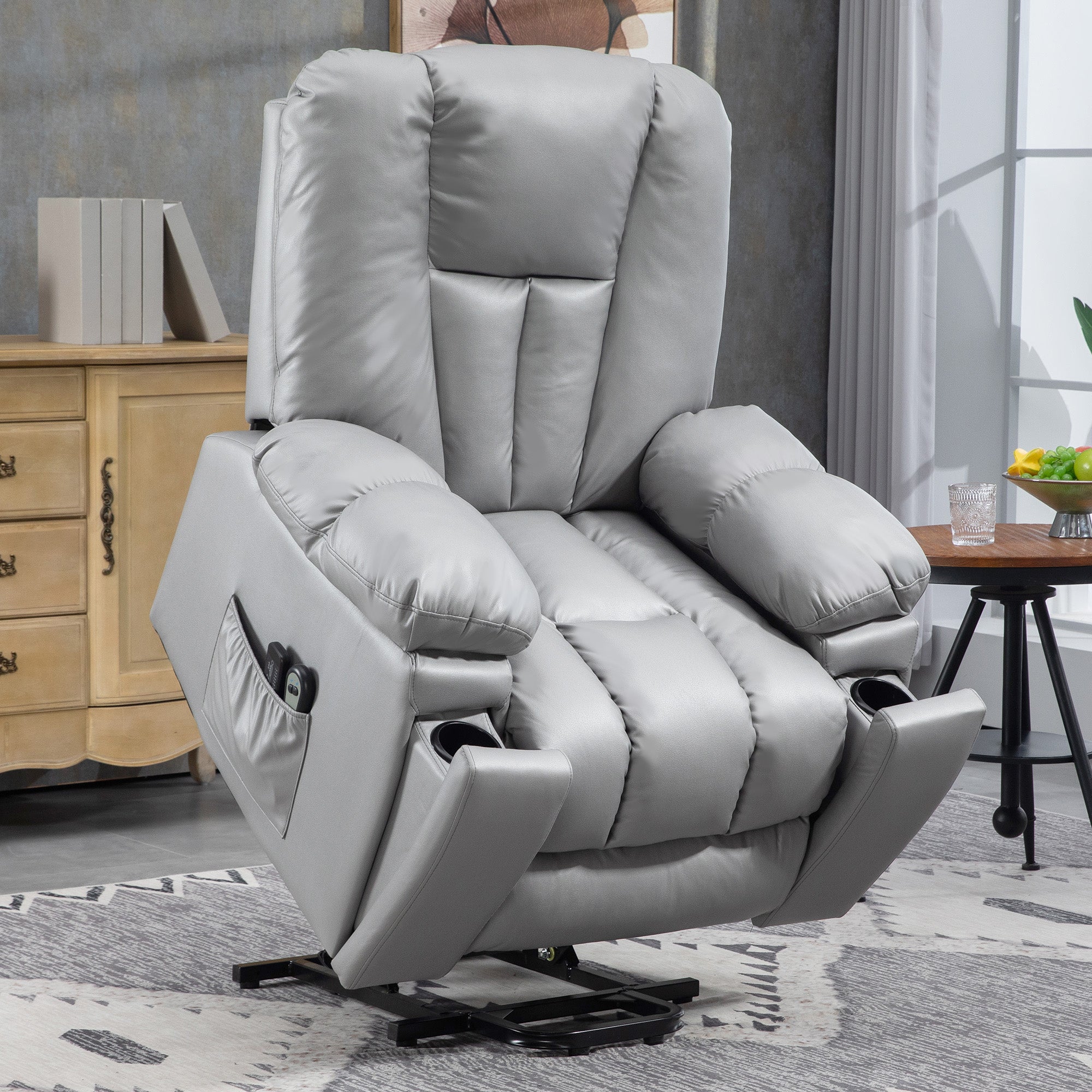 Leathaire Power Lift Riser Recliner Chair with Massage – Charcoal Grey