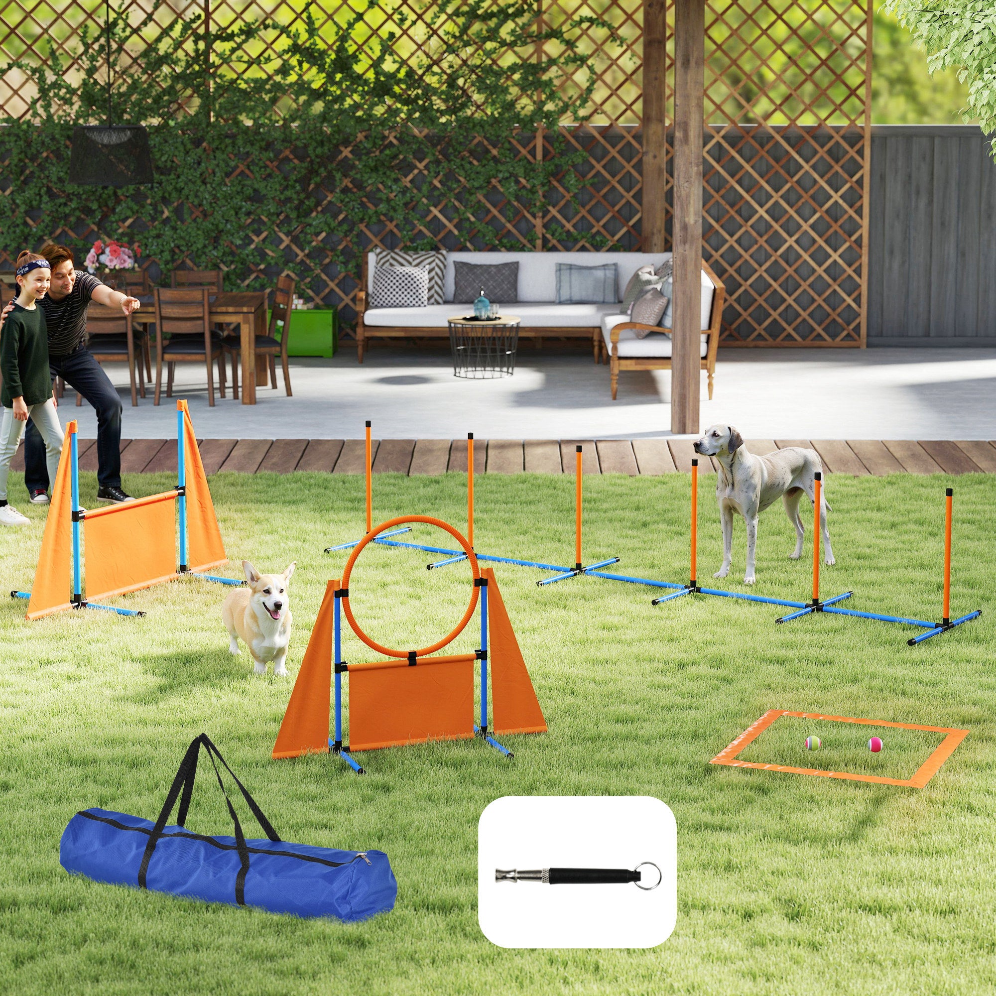 6 Pieces Dog Agility Equipment Set with Weave Poles, Jump Ring and Hurdle, Pause Box and Carry Bag, Orange