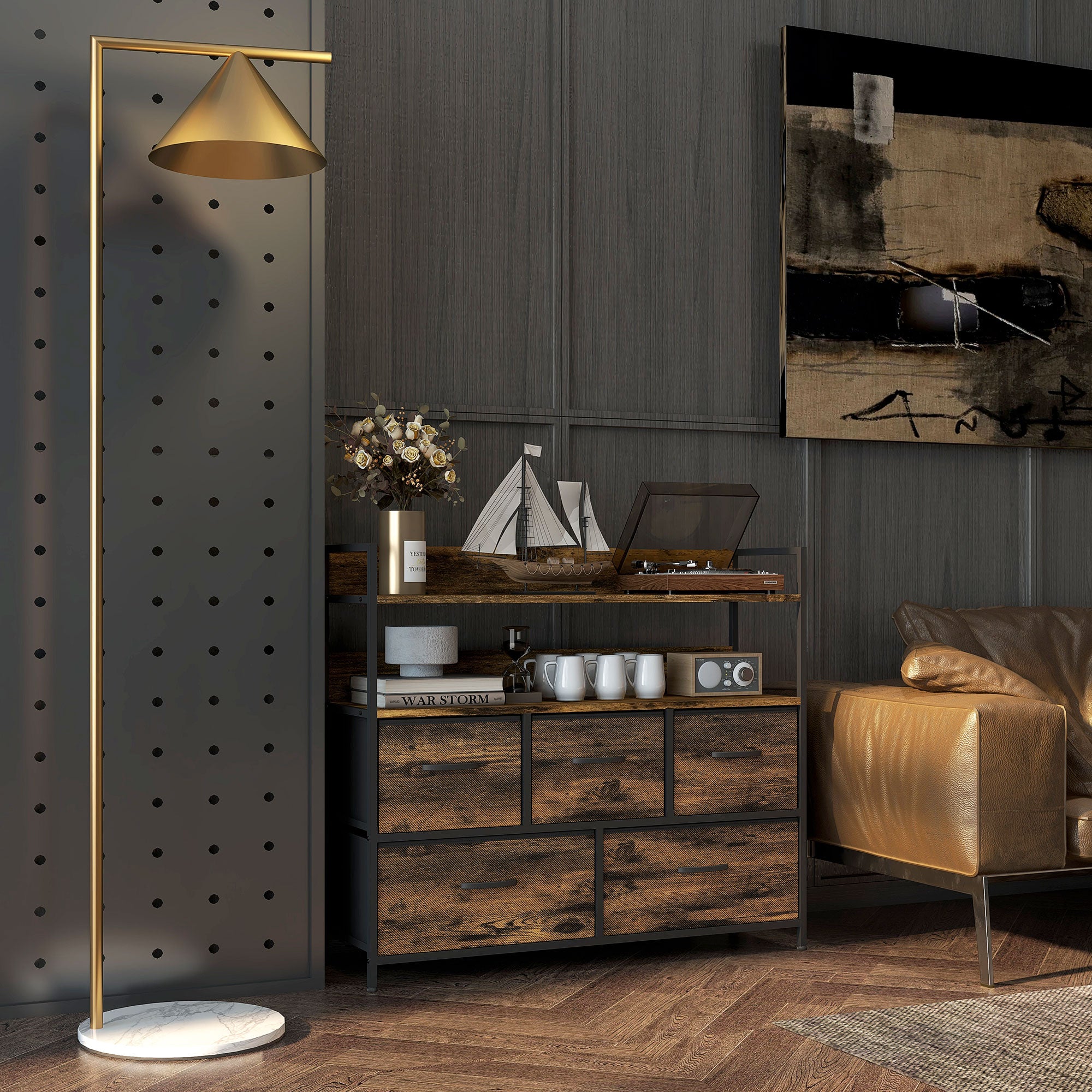 Rustic Chest of Five Fabric Drawers with Shelves - Rustic Brown