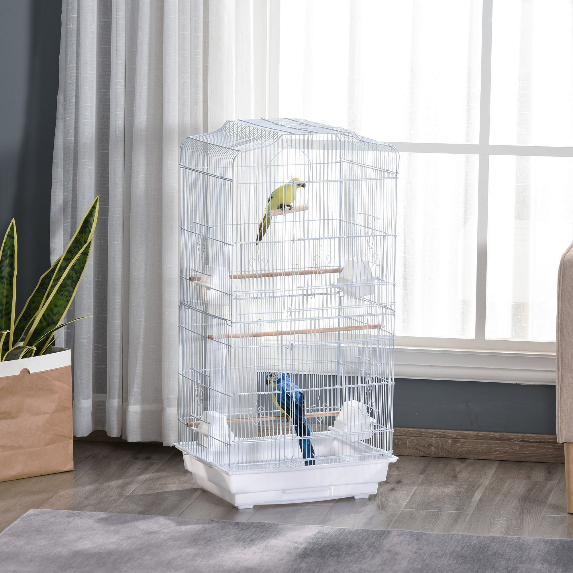 Large Metal Bird Cage with Perches, Food Bowls & Swing for Budgies and Parakeets - White