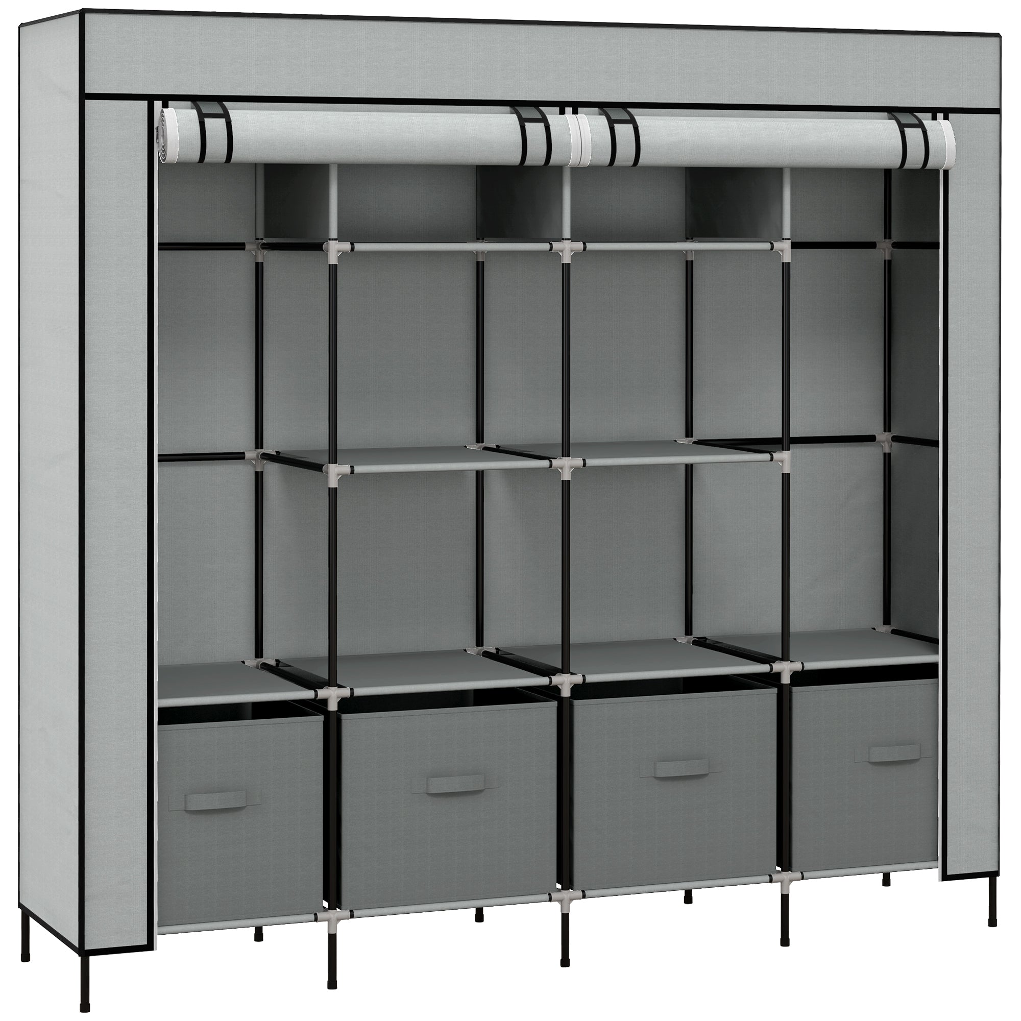 Portable Fabric Wardrobe with 10 Compartments and 4 Drawers - Dark Grey