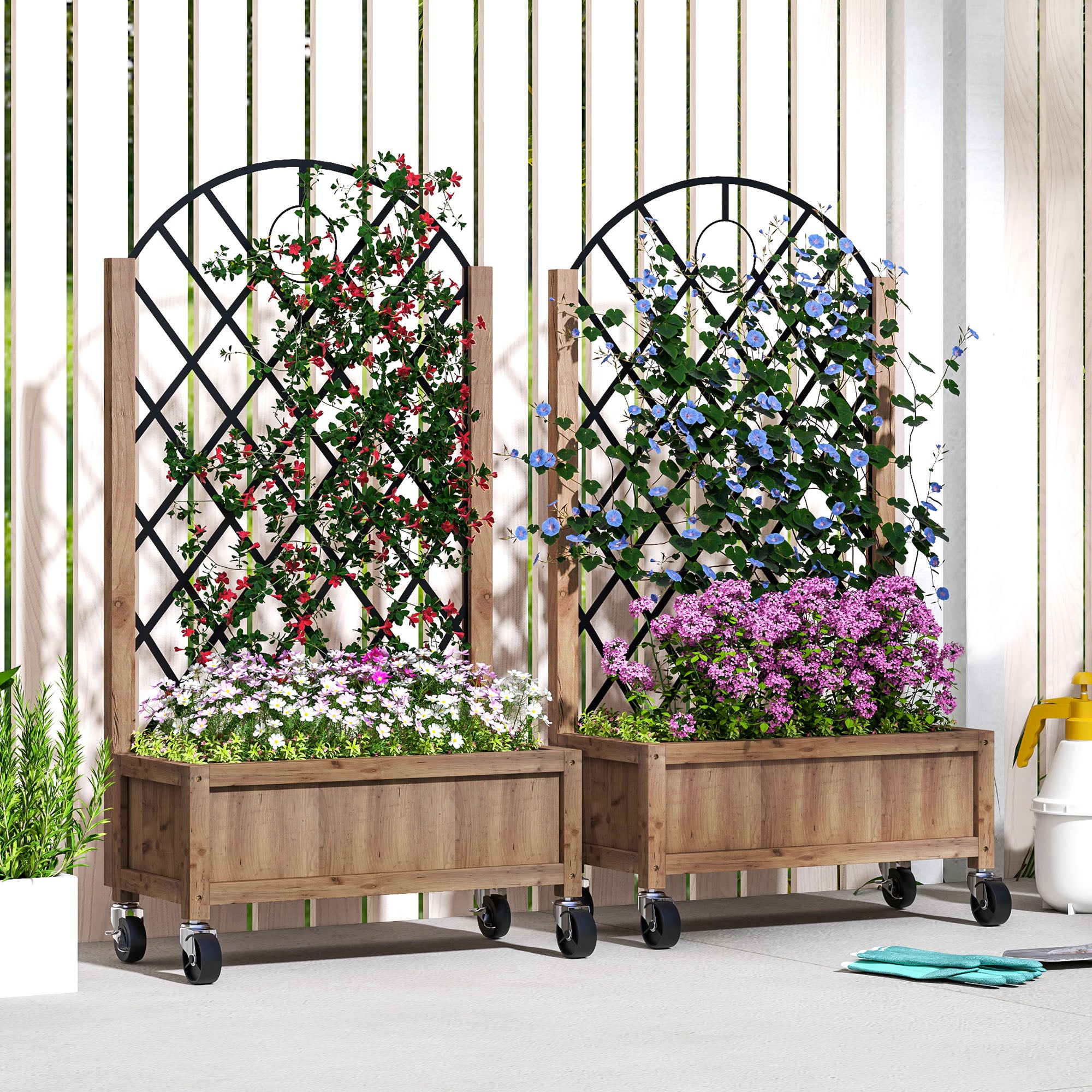 Wooden Planter with Metal Trellis and Wheels - Brown Black
