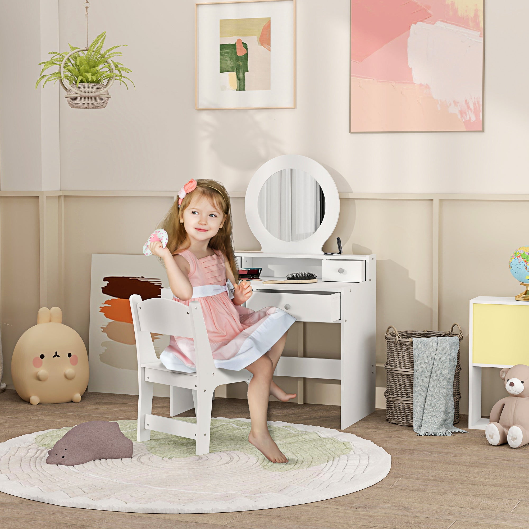 Kids Dressing Table Set Kids Make up Table with Stool and Mirror, Storage Drawers, Gift for Aged 3-8