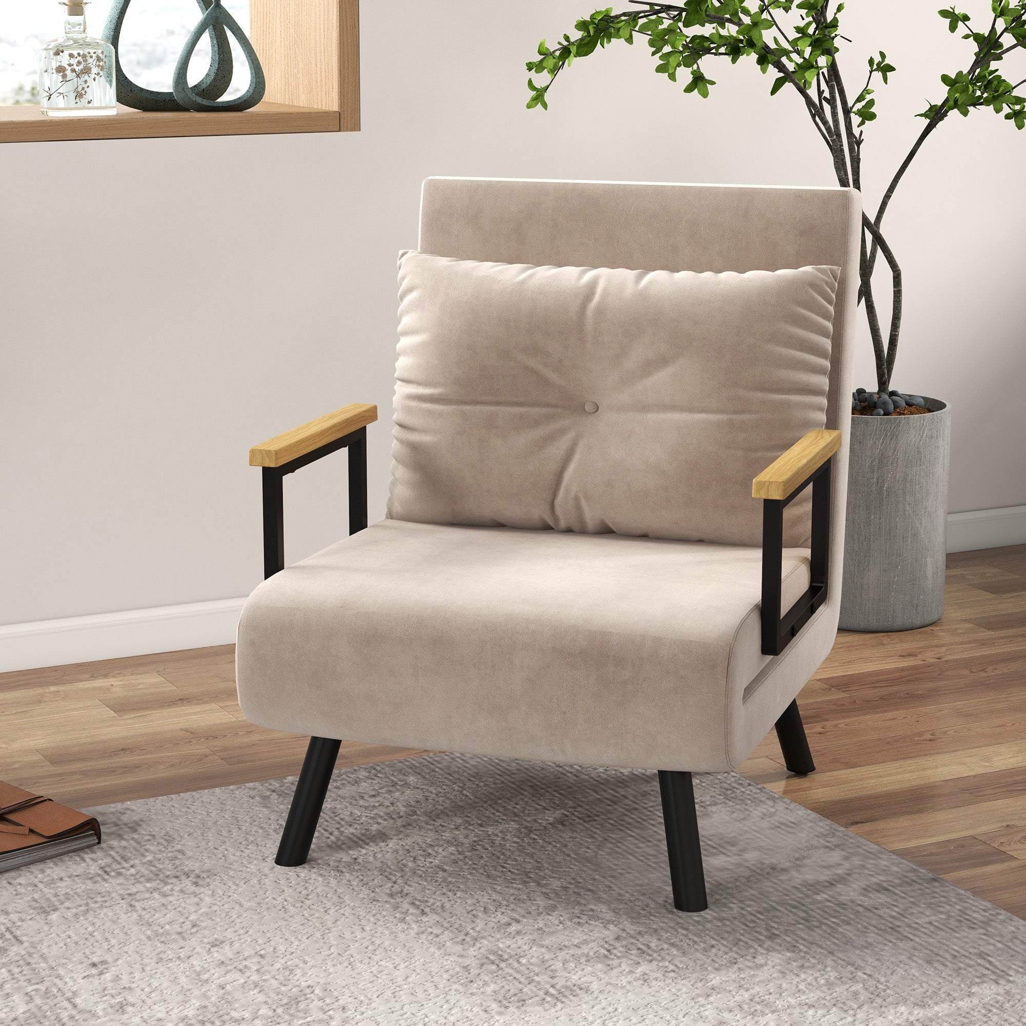 4-in-1 Velvet-Feel Single Chair Bed with Pillow - Beige