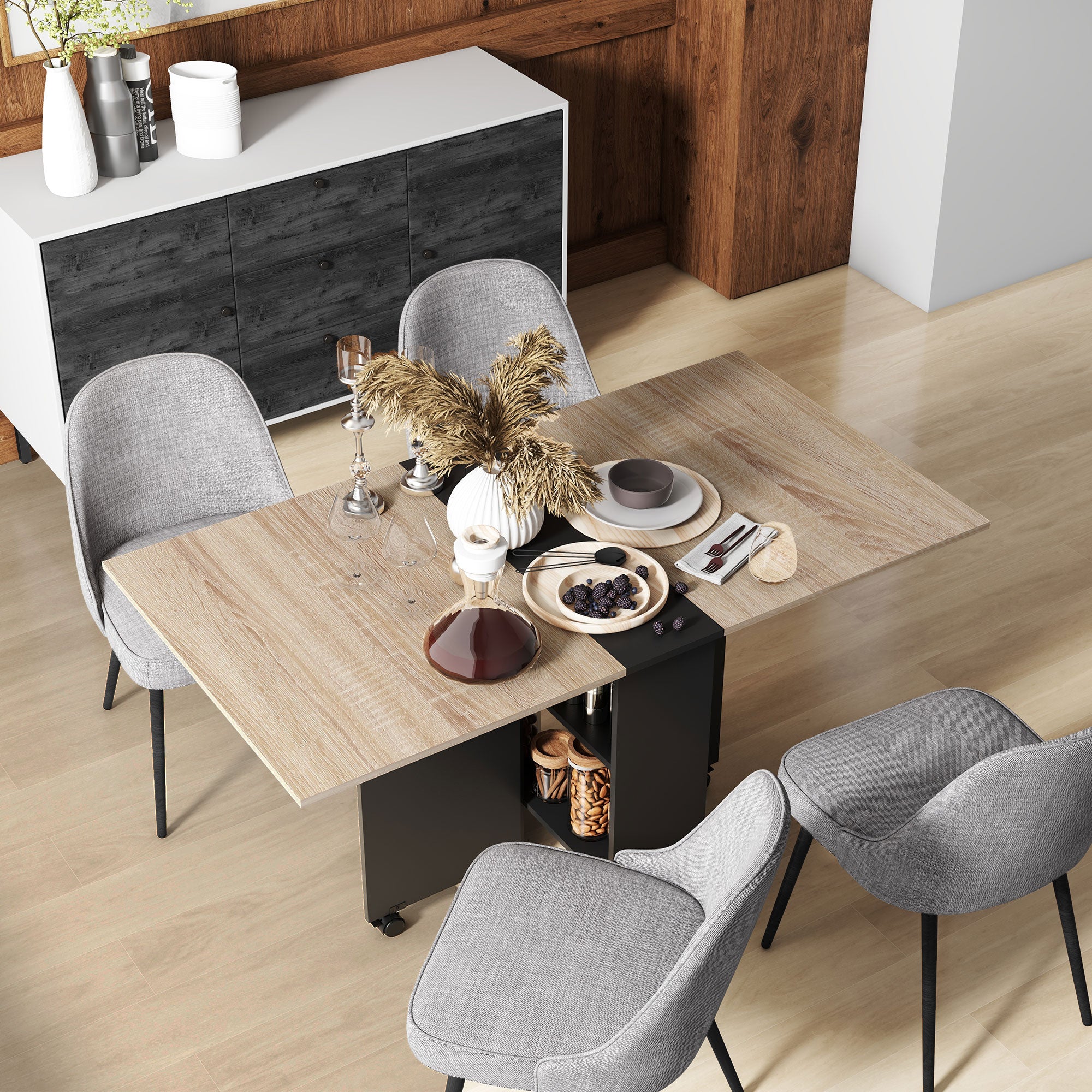 Folding Drop Leaf Dining Table with 2-Tier Shelves and Rolling Casters - Oak and Black