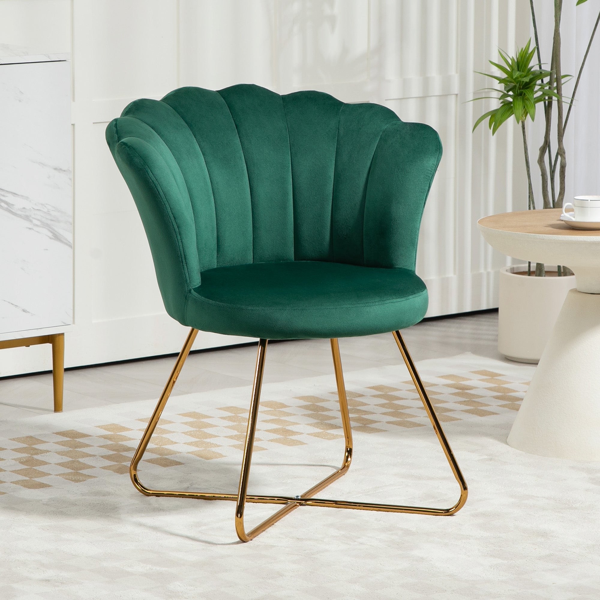 Velvet-Feel Lotus Petal Accent Chair with Steel Legs - Green