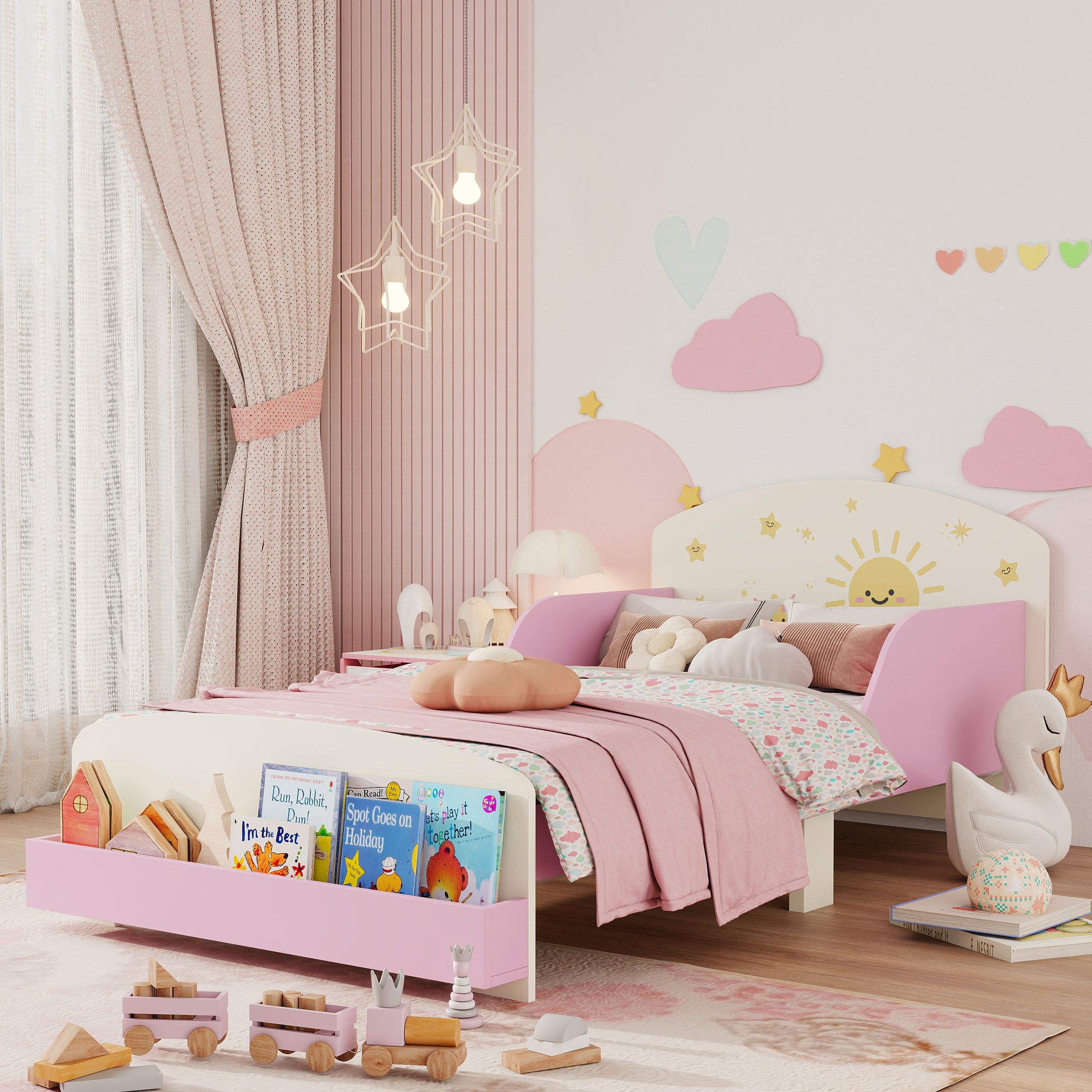 Toddler Bed with Storage, Guardrails, Sun Design, for Ages 3-8 Years, Fits 140 x 70cm Mattress,