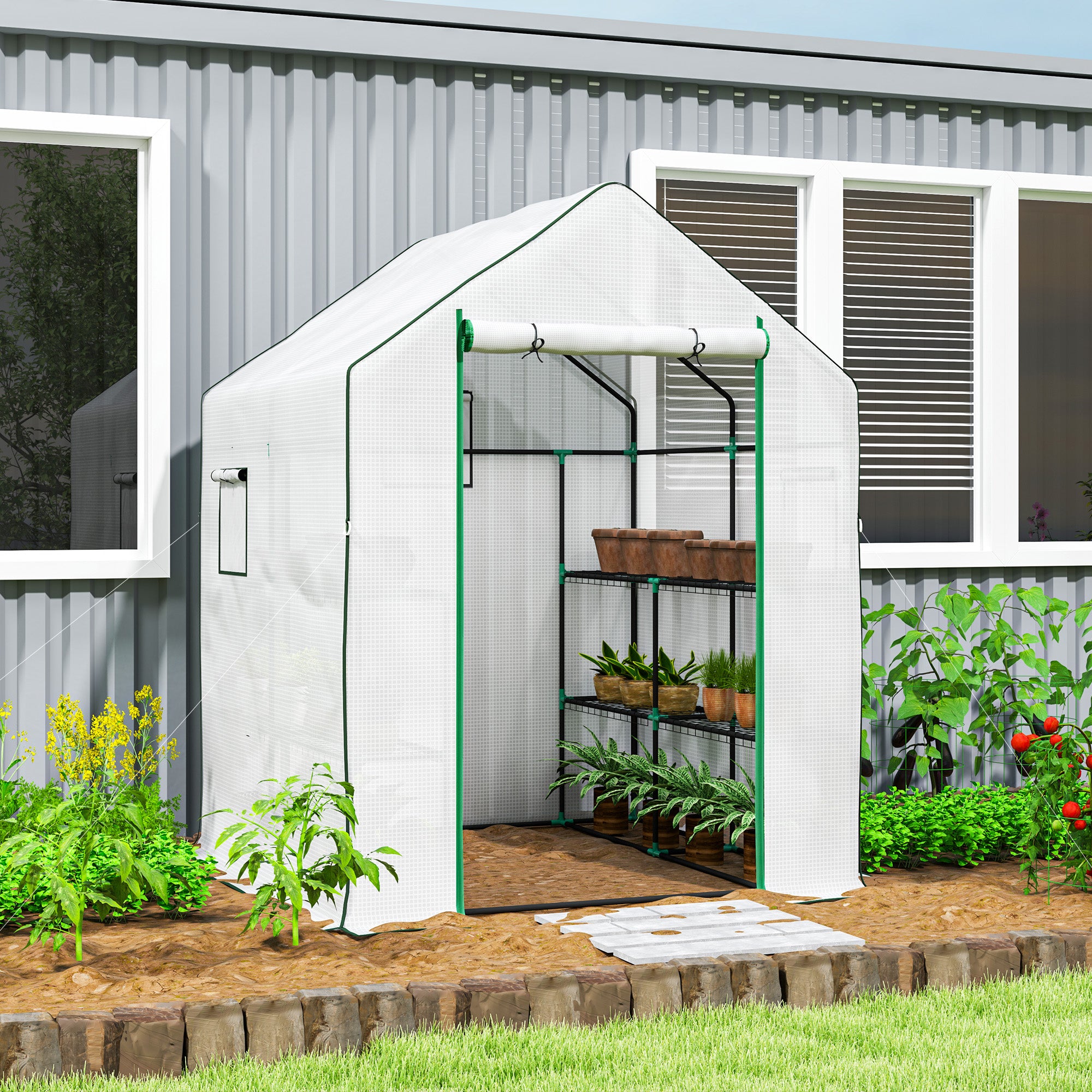 1.43m Walk-In Greenhouse with Shelves and UV-Resistant Cover - White