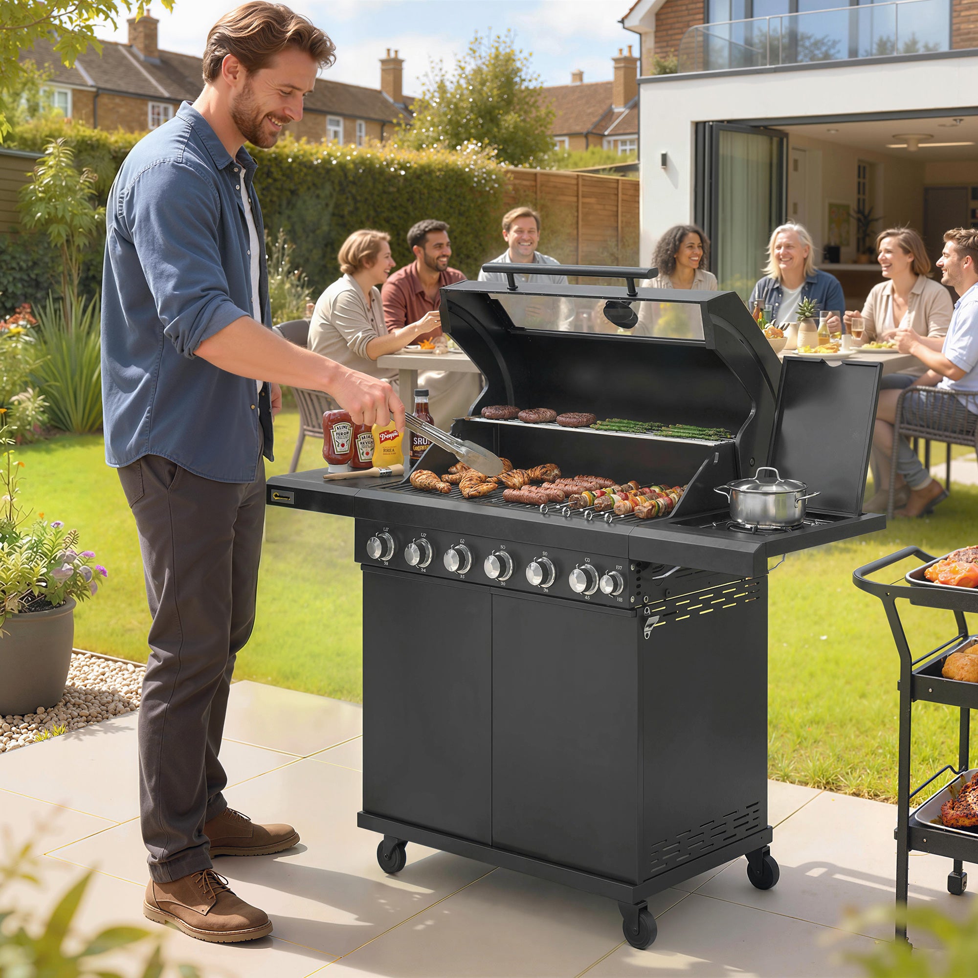 6+1 Burner Gas BBQ Grill, Outdoor Barbecue Trolley with Wheels, Warming Rack, Thermometer, Bottle Opener, Black