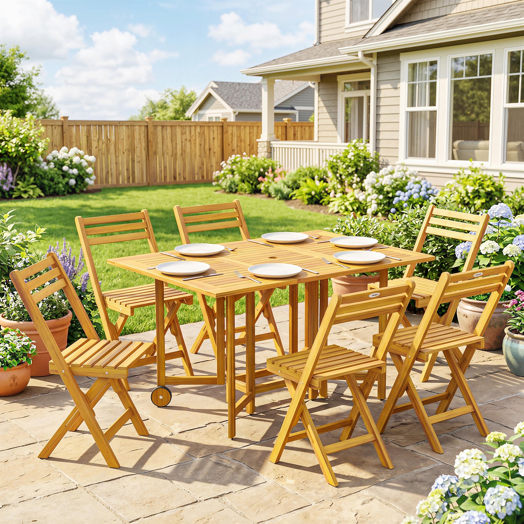 7 Pieces Garden Dining Set, Extending Dining Table and 6 Folding Chairs with Umbrella Hole for Patio, Natural Wood