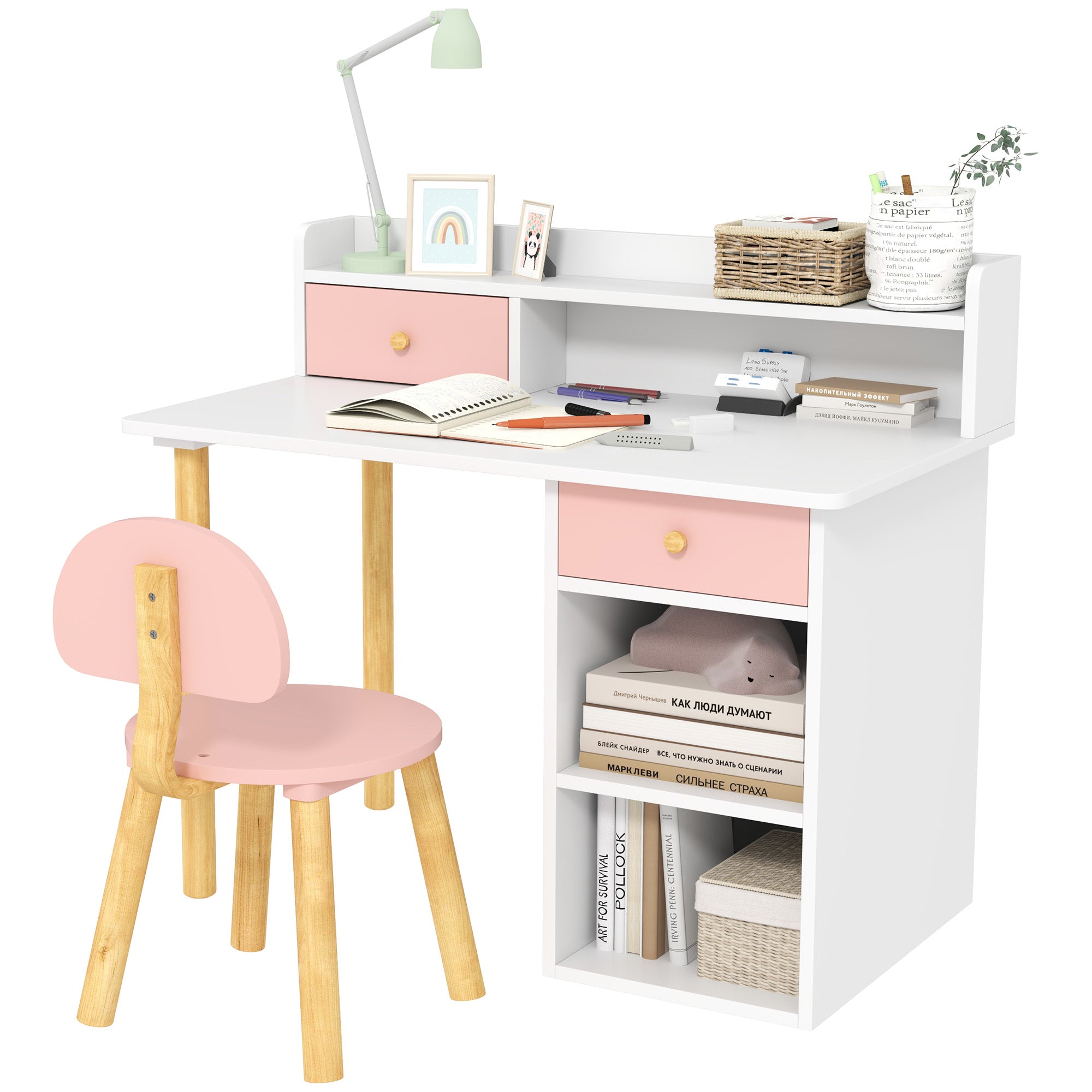 2 Piece Kids Study Table and Chair Set with Storage - Pink