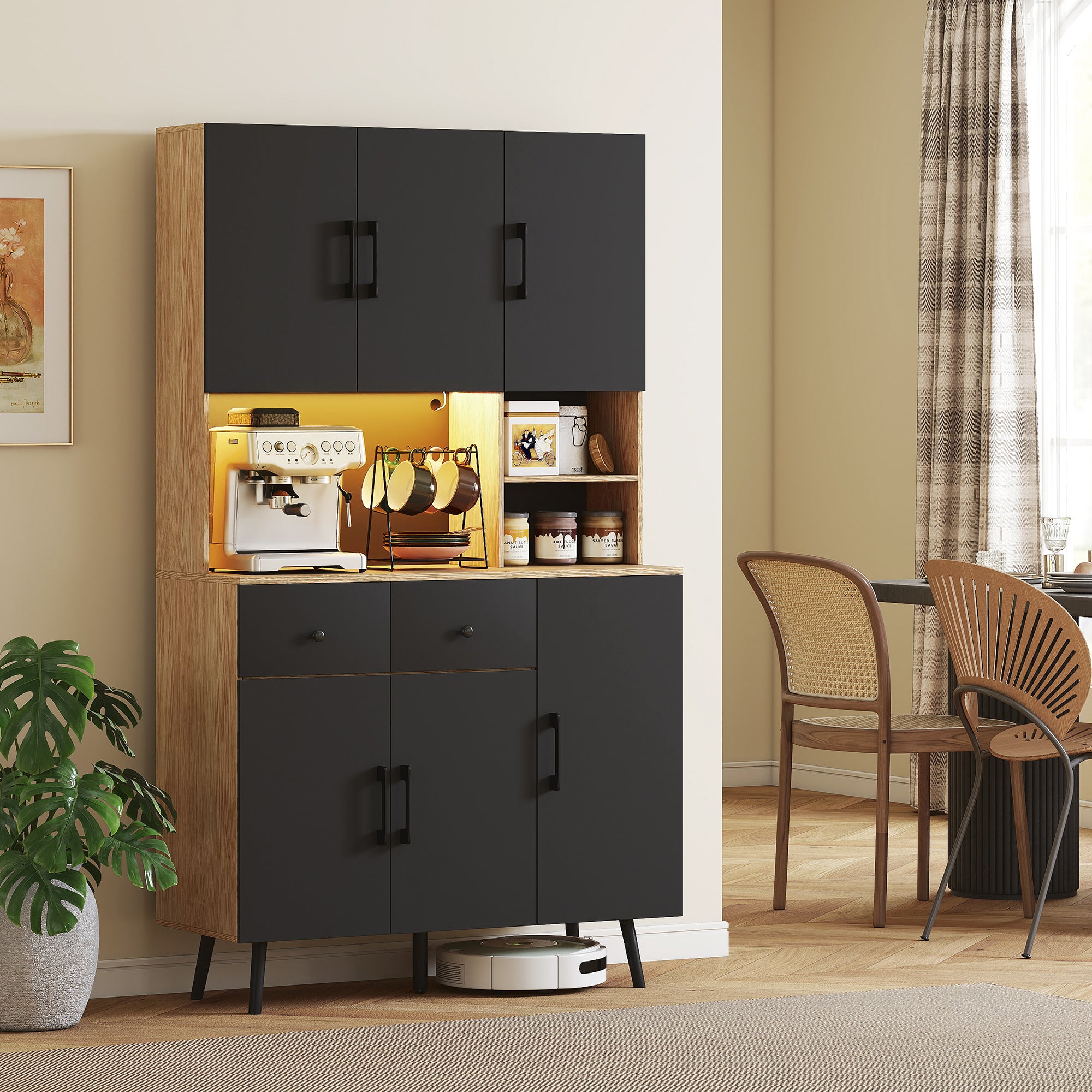 176 cm Kitchen Cupboard with LED Lights - Oak and Black