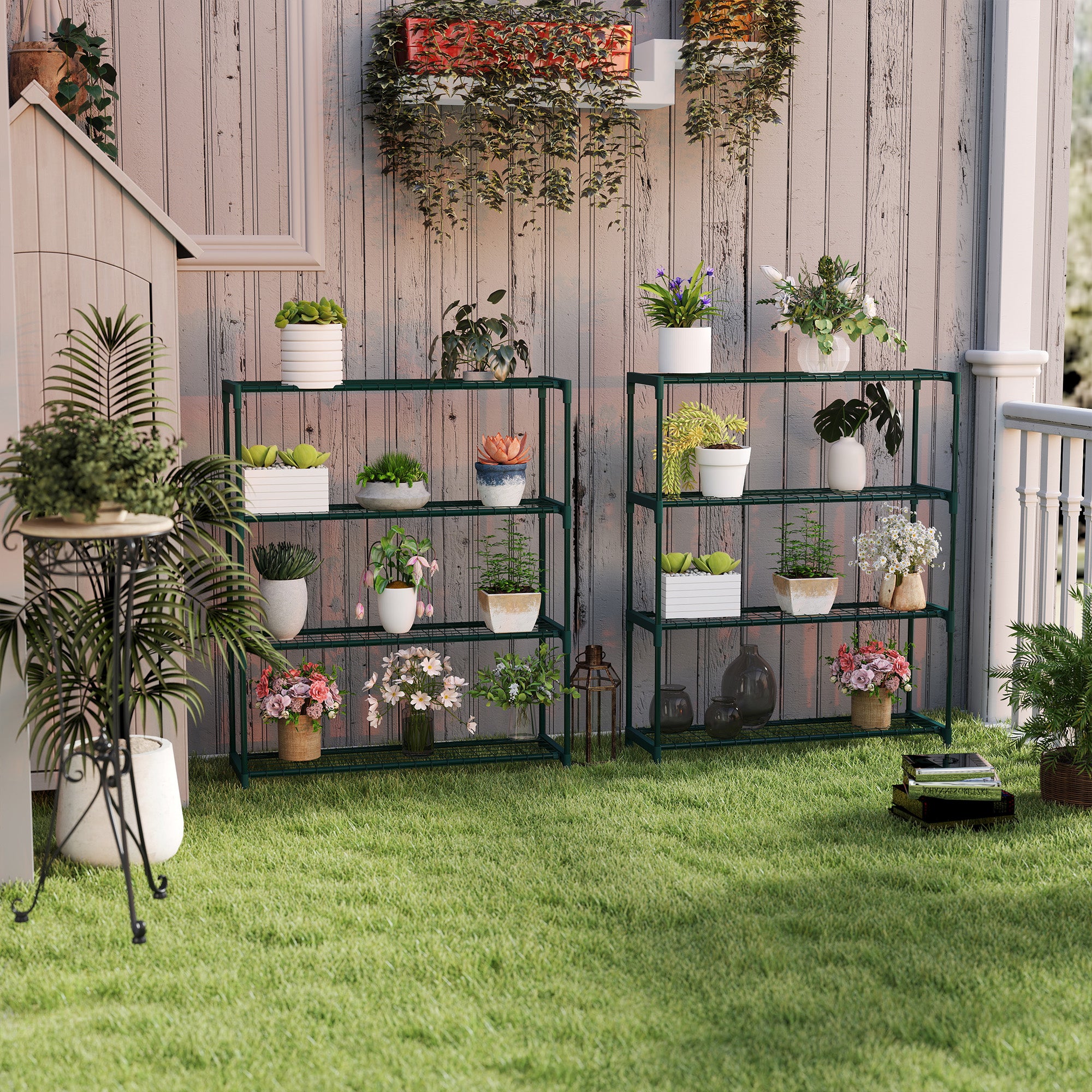 4 Tier Steel Plant Stand for Outdoor Garden Display - Dark Green