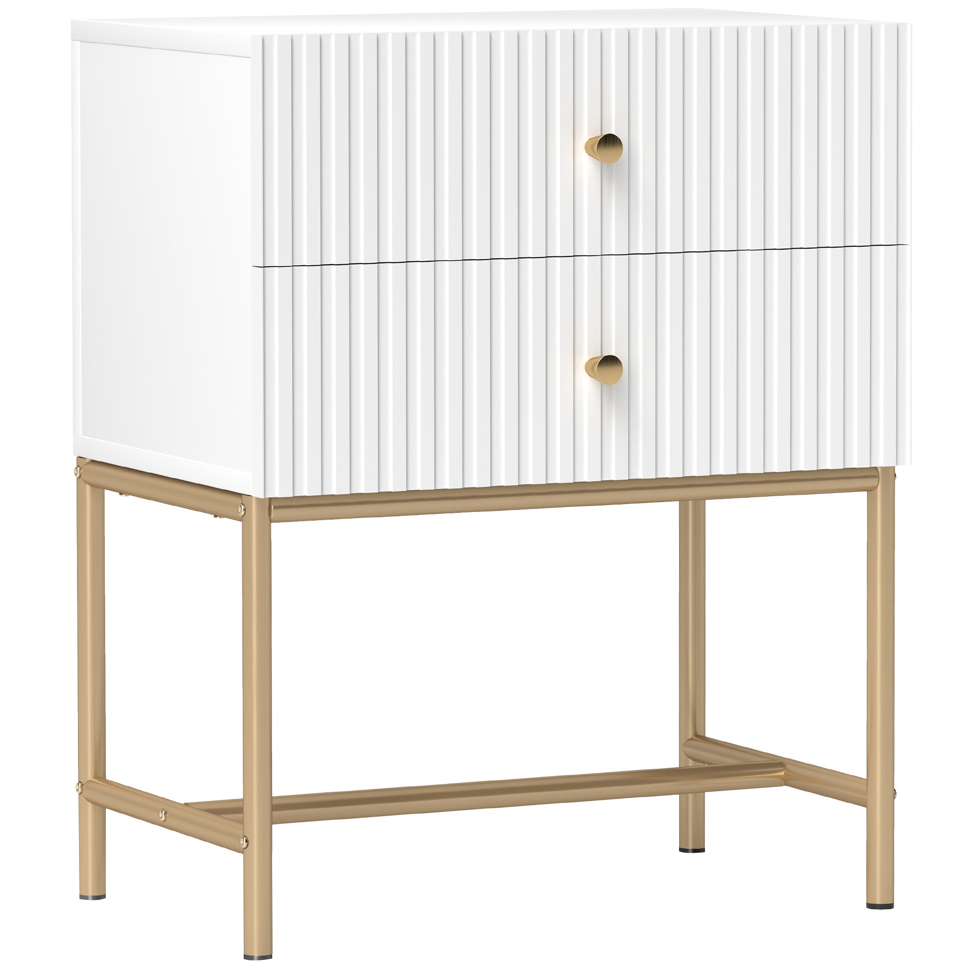 Elegant Two-Drawer Bedside Table with Gold Handles - White