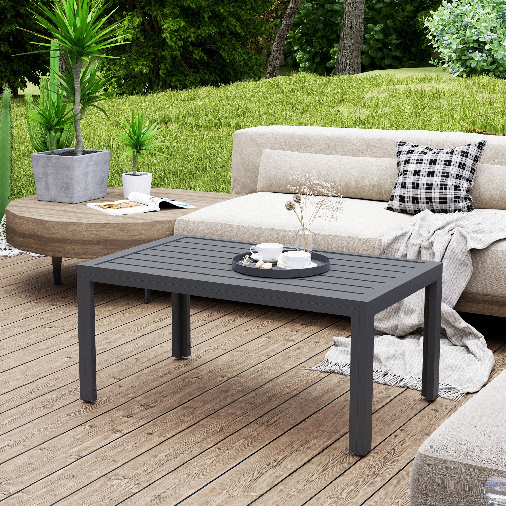 Rectangular Outdoor Patio Side Table with Steel Frame and Slat Top - Grey