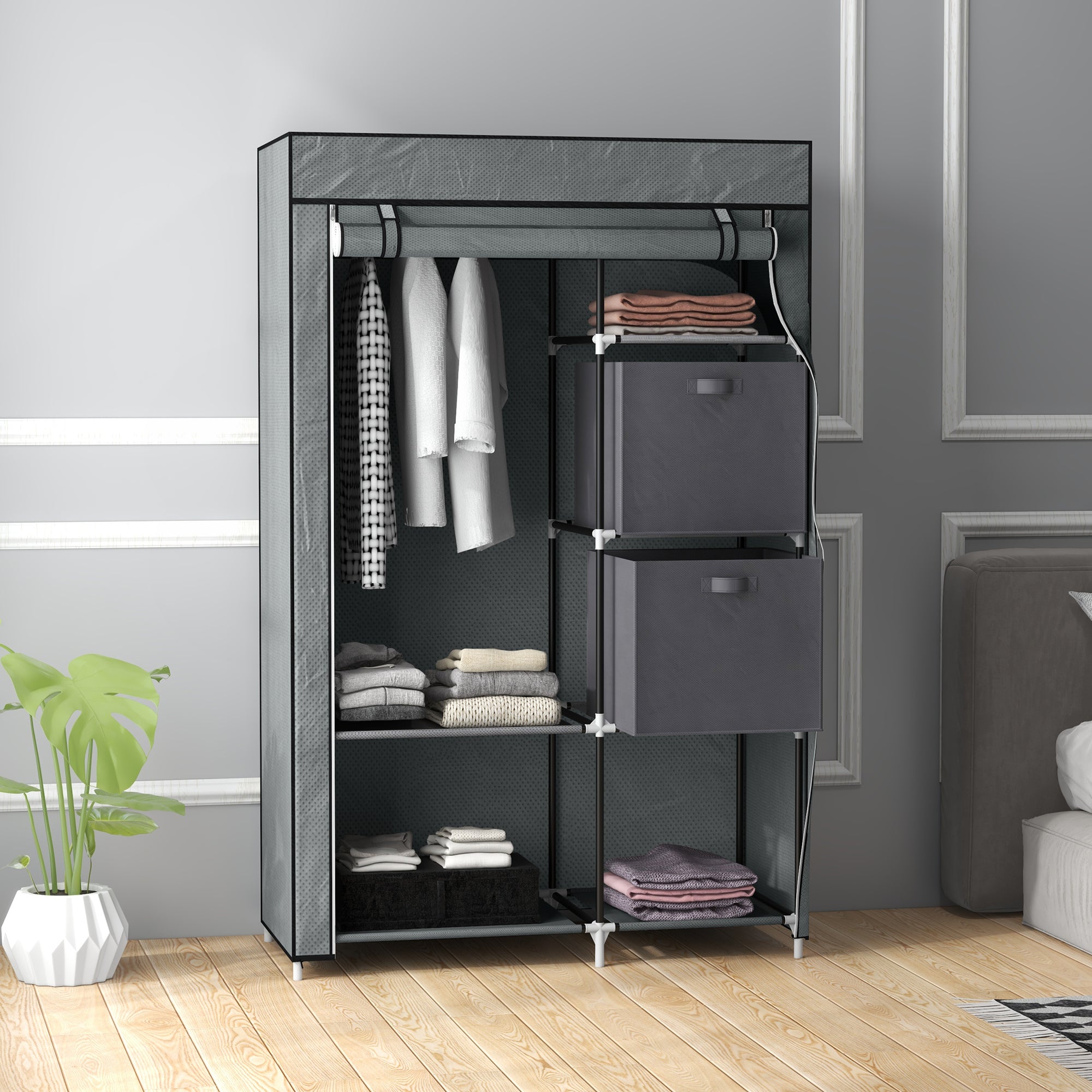 Portable Fabric Wardrobe with 5 Compartments and Hanging Rail - Dark Grey
