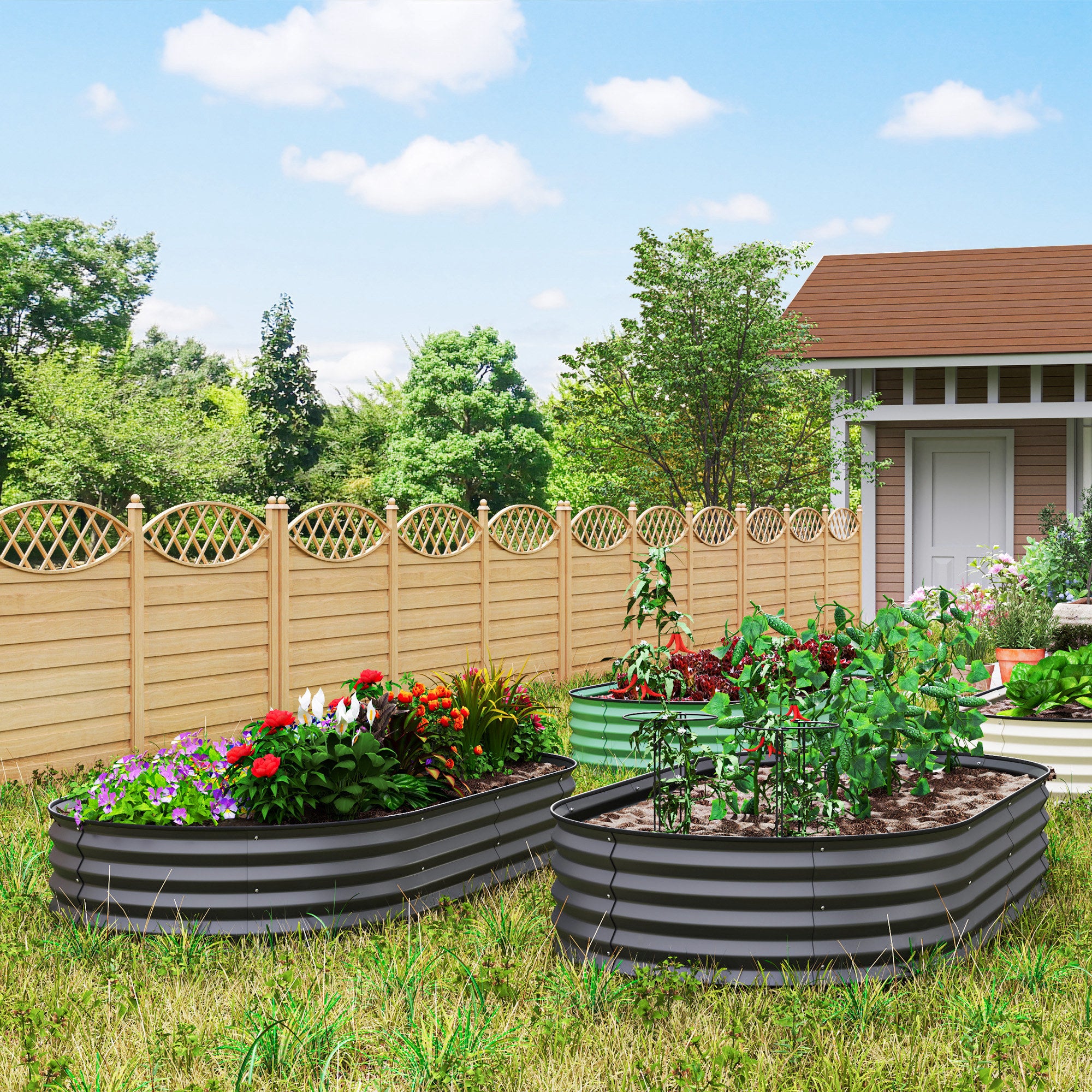 Set of 2 Galvanised Steel Raised Planters with Open Bottom - Dark Grey