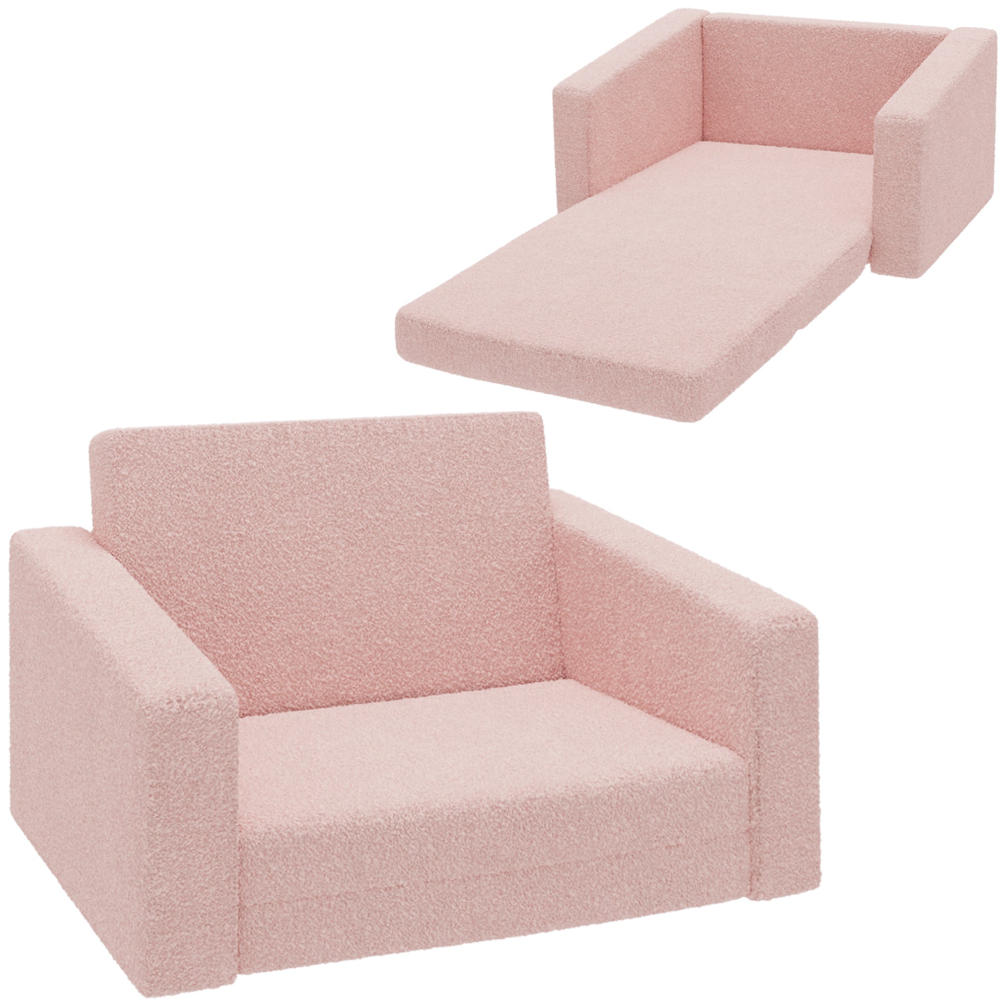 2 in 1 Foldable Kids Armchair Recliner - Plush Pink Fabric