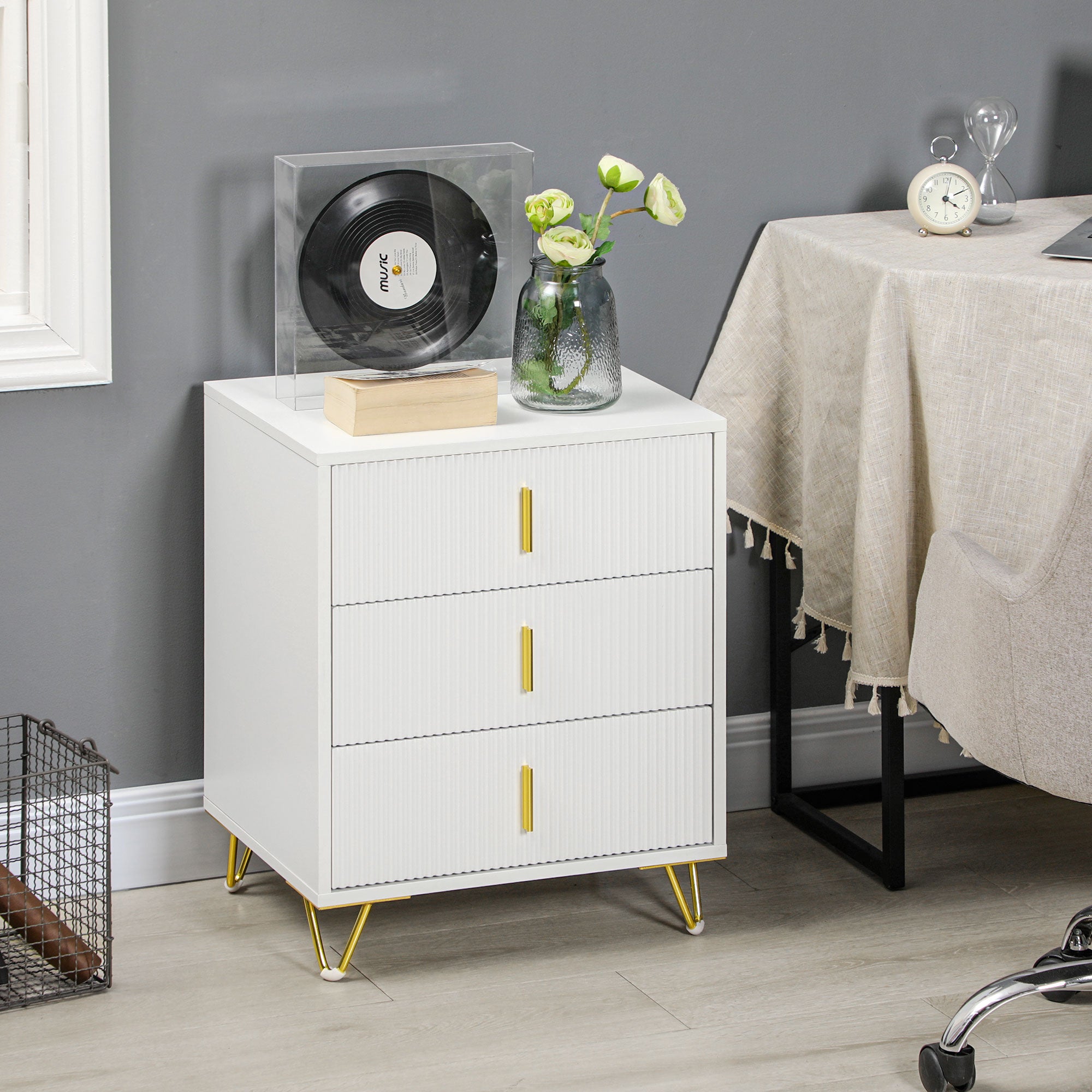 Elegant Three Drawer Chest with Gold Handles - White