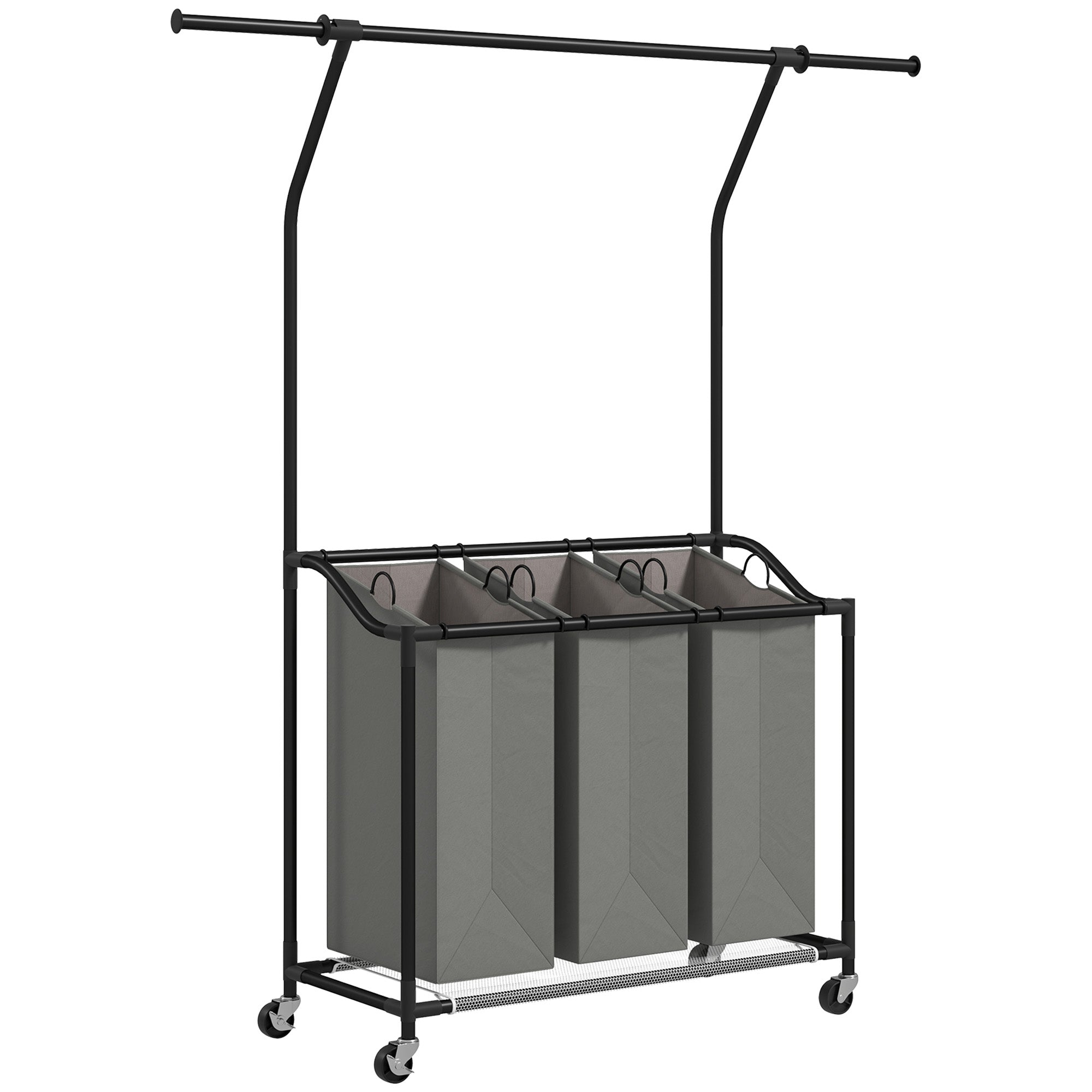 126L Laundry Sorter, Rolling Wash Basket with Hanging Rail and Mobile 3-Bag Organiser for Bedroom, Bathroom, Laundry Room, 88-149.5L x 40W x 167H cm, Dark Grey