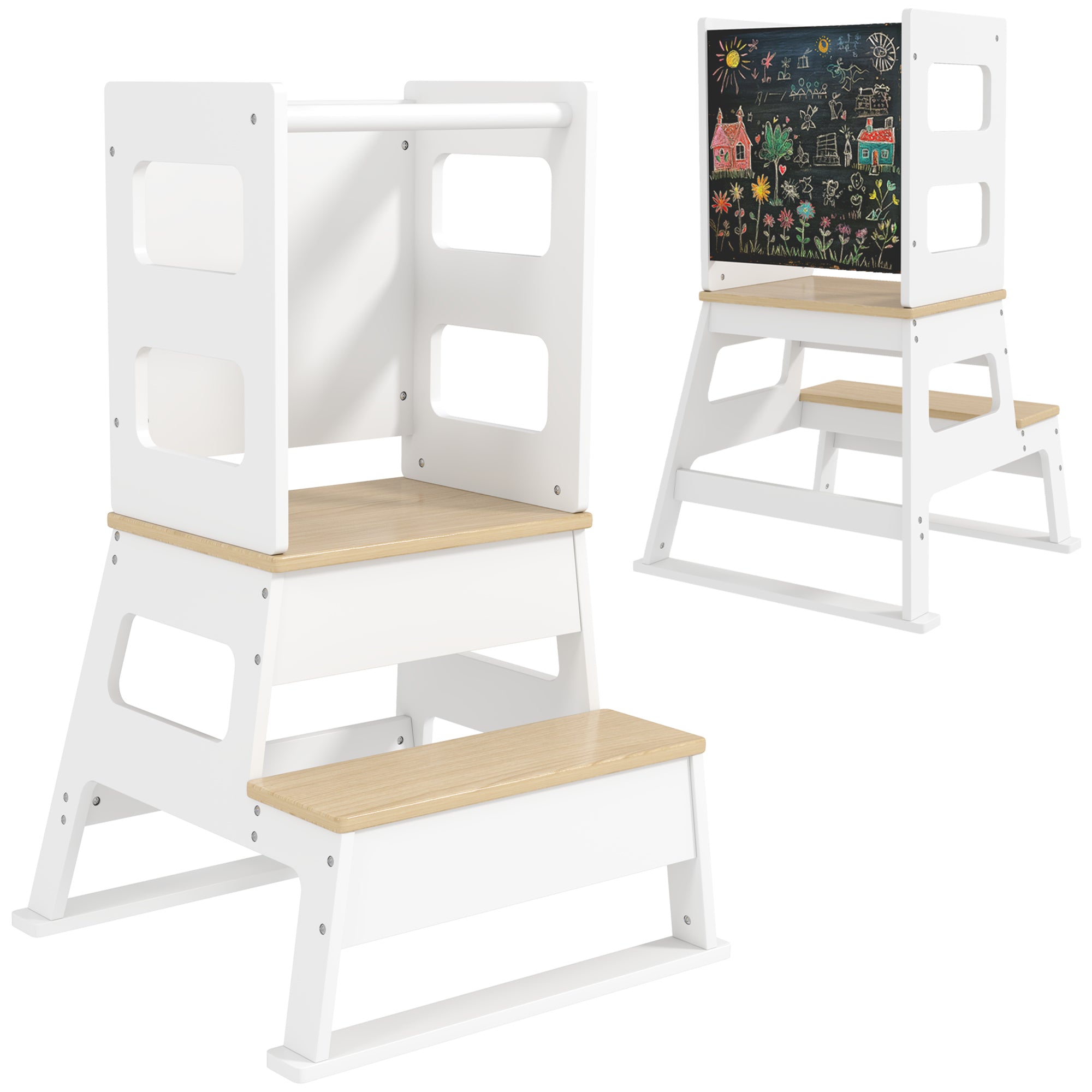 2-in-1 Toddler Tower with Chalkboard, Safety Rail for Kitchen, Counter, Bathroom, Sink, White