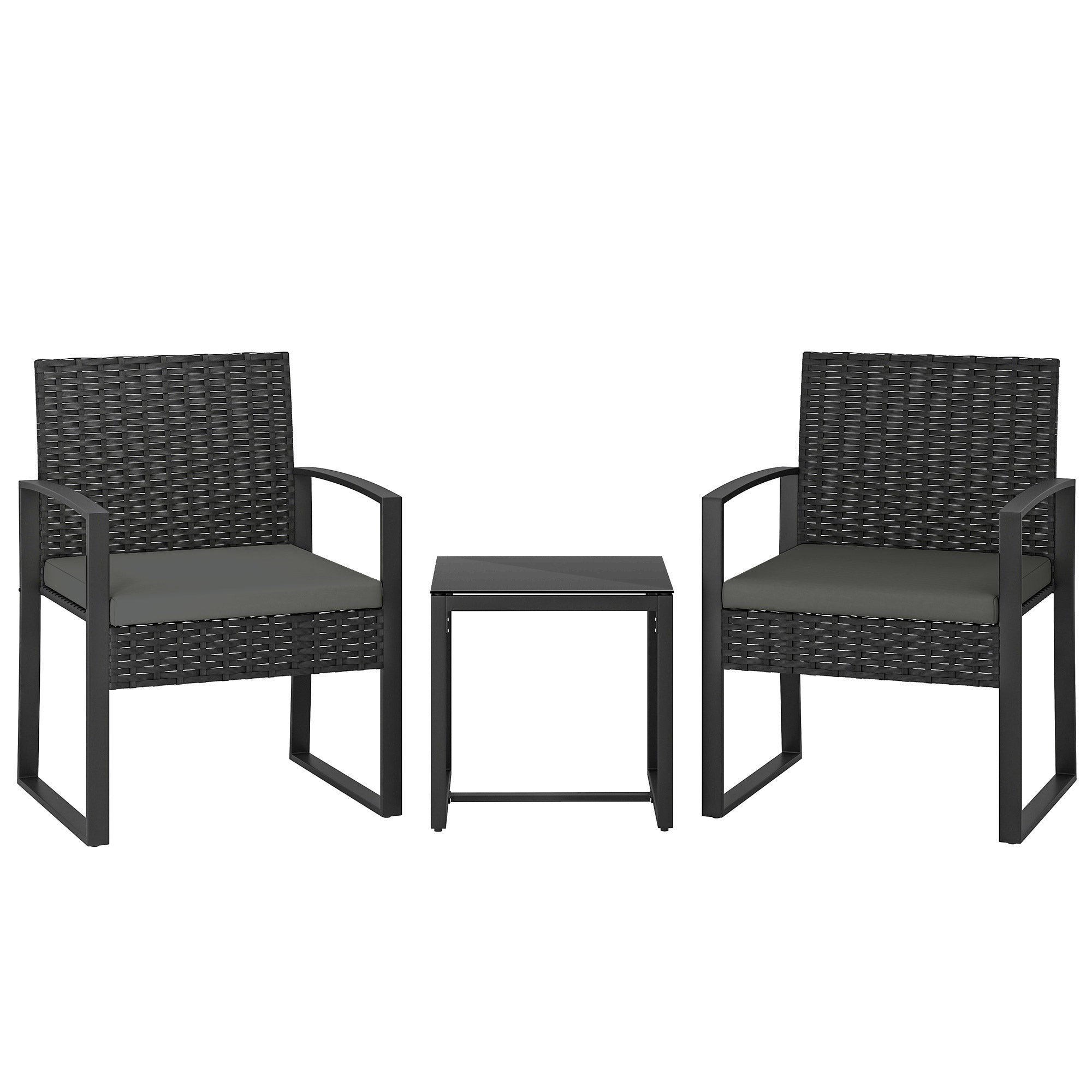 Rattan Bistro Set, 3 Piece Garden Furniture Set with Glass Top Table and Cushions, Dark Grey
